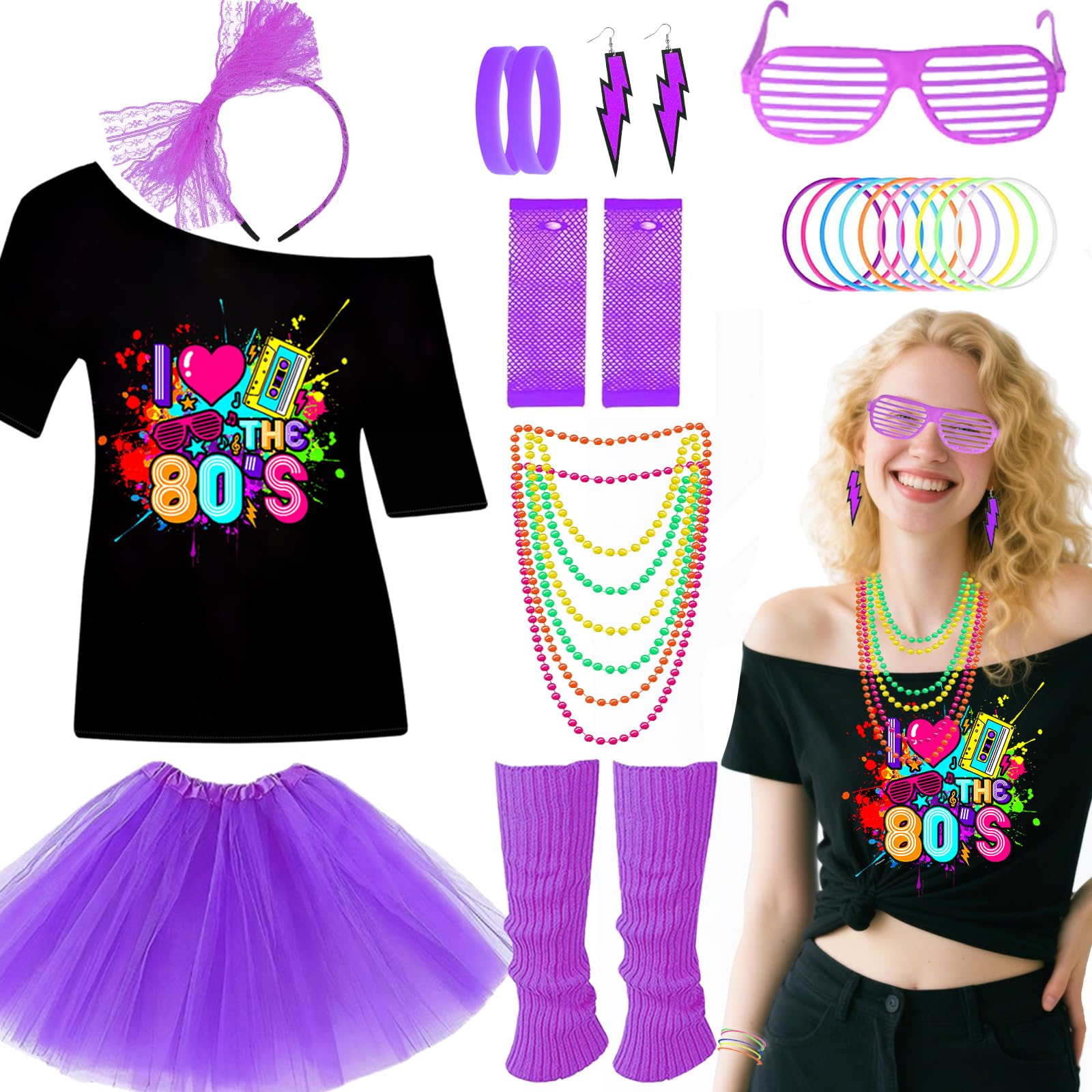 10Pcs 80s Accessories Set for Women, Retro Fancy Dress with Tutu Skirt Leg Warmers Fishnet Gloves Earrings Lace Headband Glasses Bracelet for Girls 1980s Costume Outfit Hen Do Party (Purple, M)