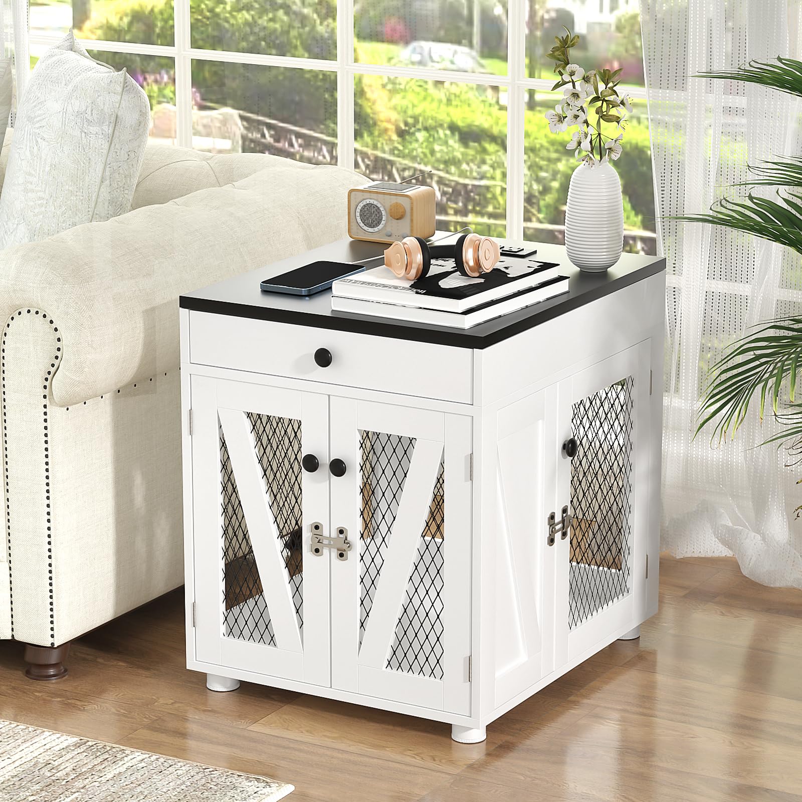 VOWNER Dog Crate Furniture, Wooden Dog Kennel End Table with USB Charging Station, Storage Drawer, Double Latched Door, Furniture-Style Crate Side Table for Small Dogs Under 25 lbs Indoor Use, White
