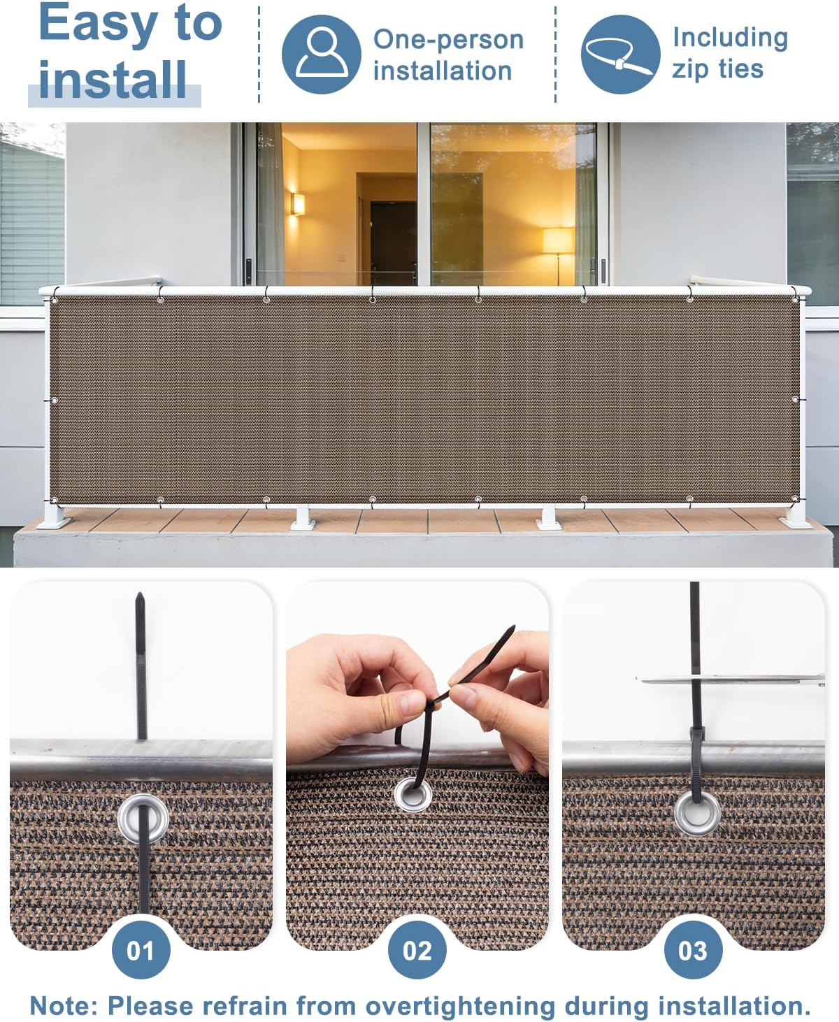 Cool Area Balcony Privacy Screen Fence UV Protection, 3'x16', Brown