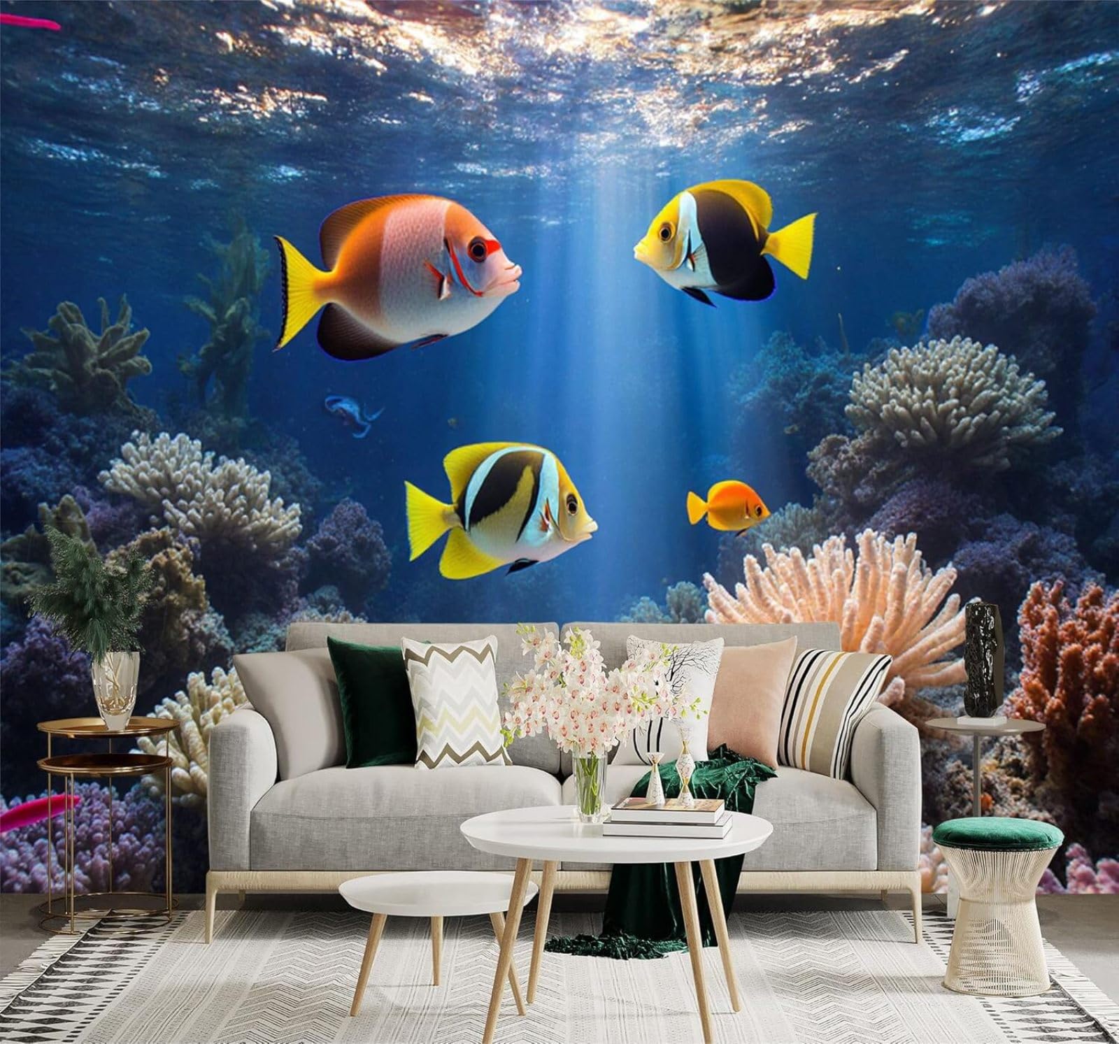 XLMING Colourful Tropical Fish Coral Reefs Underwater Scenes Marine Life Art 3D Wallpaper Silky Texture Home Study Office Grey Dining Room Sofa Bedroom Living Room TV Backdrop-350cm×256cm