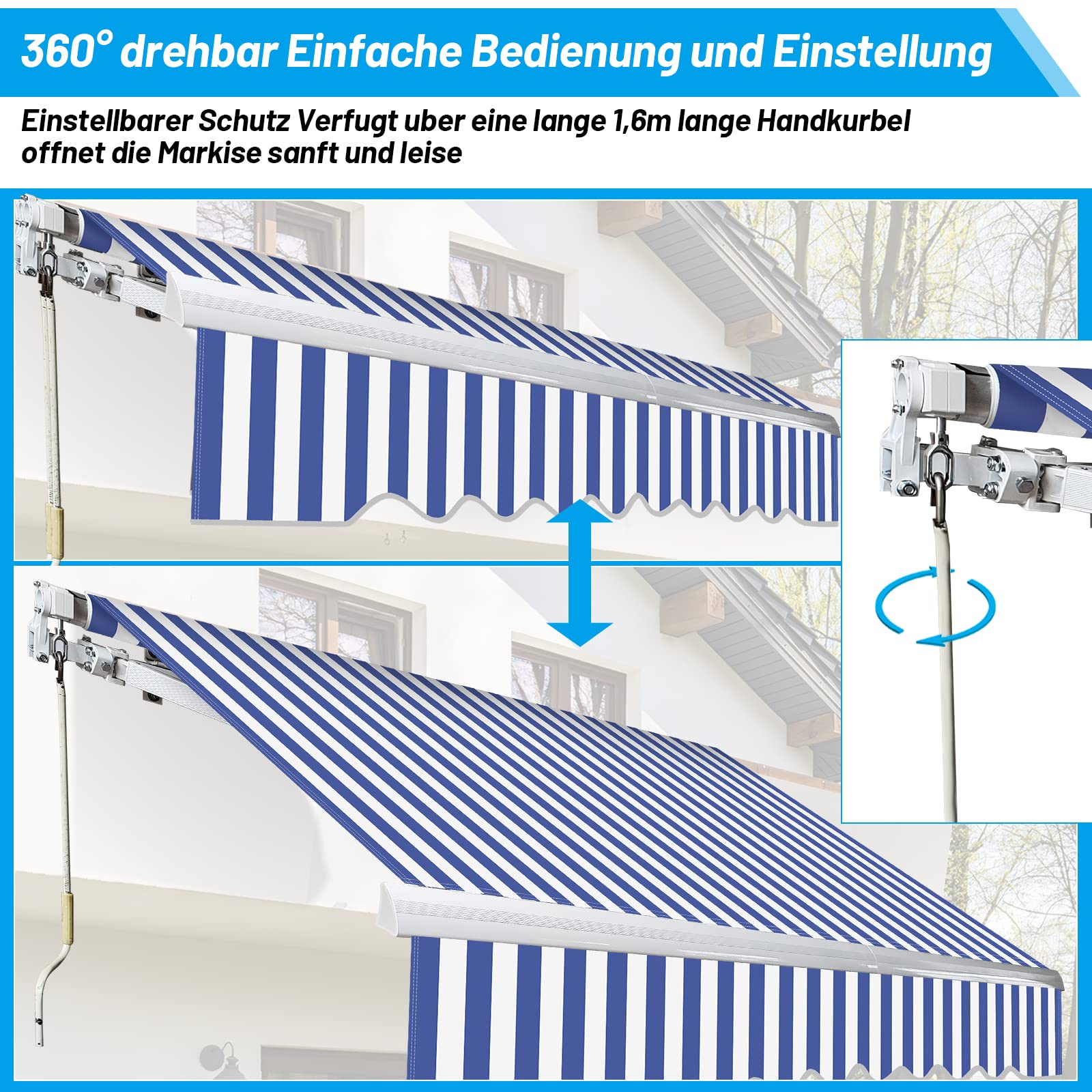 Toldo Manual con Brazo Articulado, 350x300cm Toldo Retráctil con Manivela, Protección Solar Anti-UV, Regulable en inclinación, para Jardin, Cafetería, Azul y Blanco