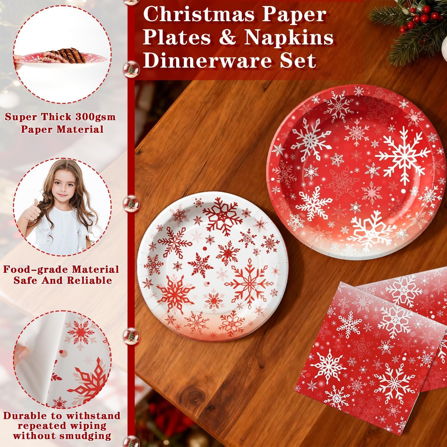 OuMuaMua 150Pcs Christmas Paper Plates and Napkins Disposable Dinnerware Set, Red White Snowflake Dinnerware Set Party Supplies for Christmas Winter Wonderland Holiday Wedding Baby Shower, Serve 50