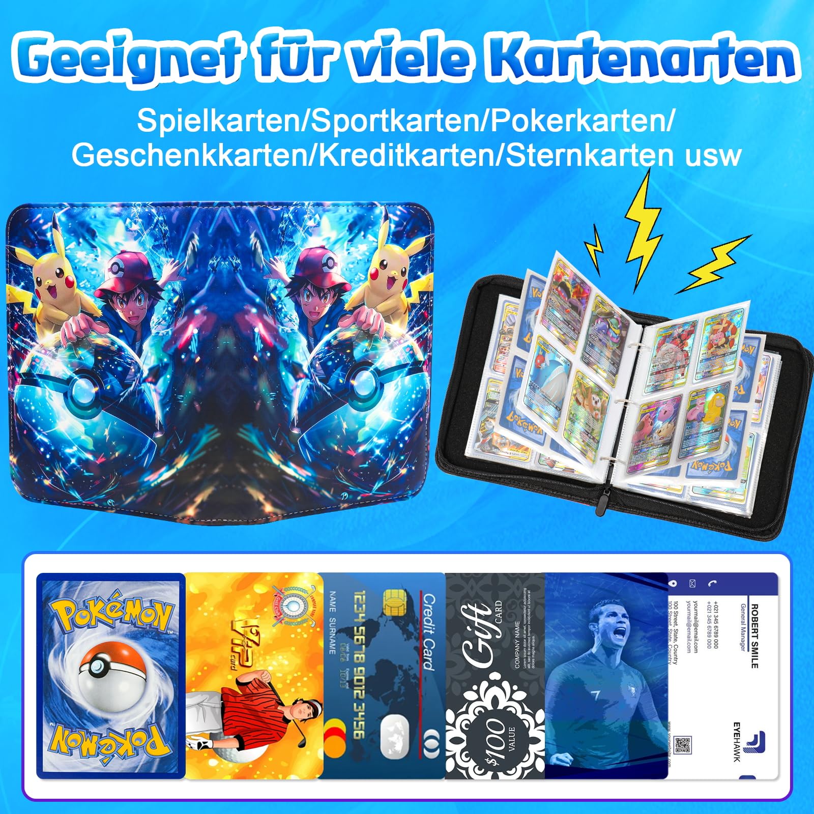 LYAILOOGXL 4 fächer Sammelalbum für Pokemon, Reißverschluss Sammelkarten Album Passt für 400 Karten mit 50 Abnehmbaren Hüllen, Sammelmappe Geschenk für Kartensammler - 4