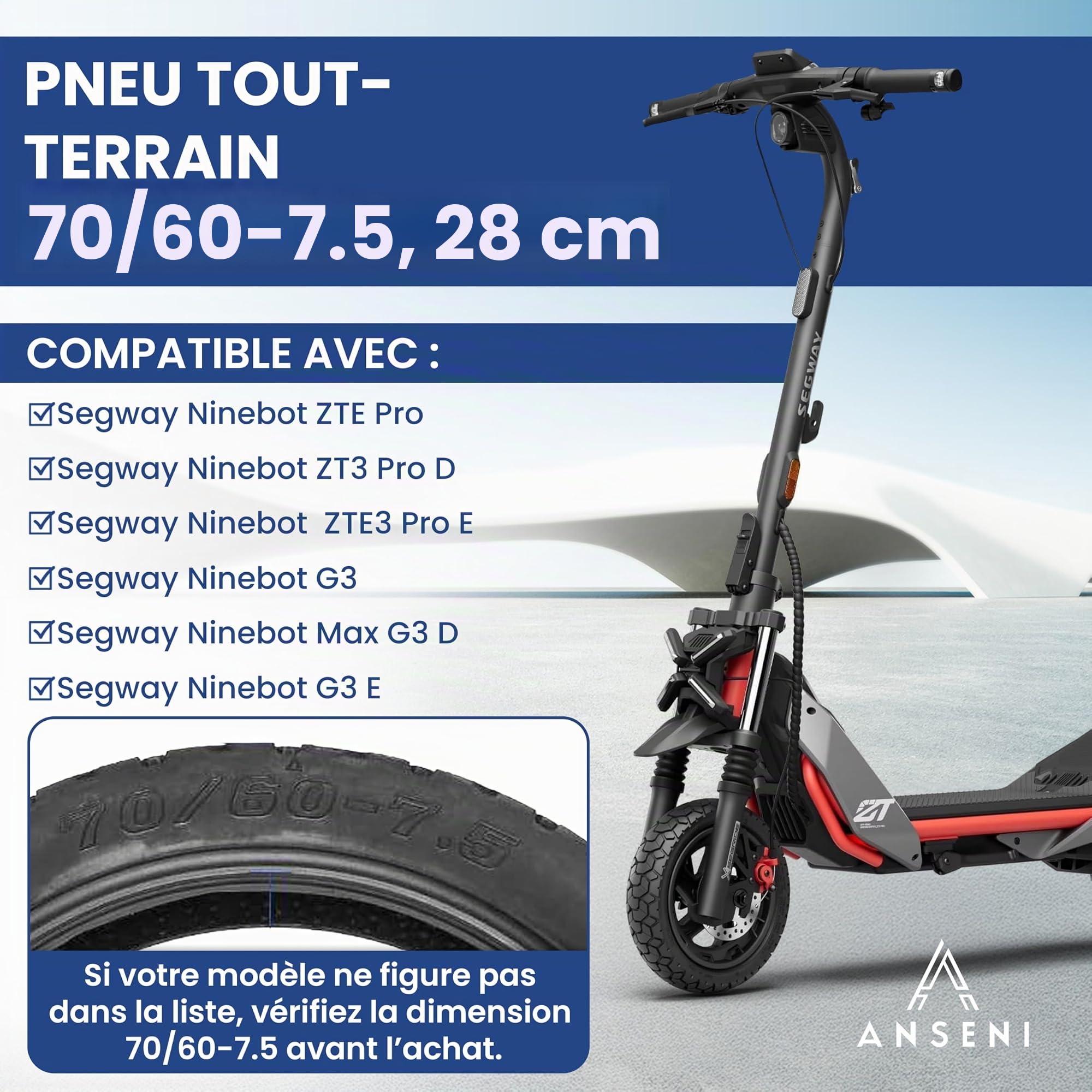 ANSENI Pneu 70/60-7.5 pour Segway Ninebot ZT3 | Compatible avec Segway Ninebot ZT3, ZT3 Pro et ZT3 PROE, Pour trottinette électrique( 1 Roue)