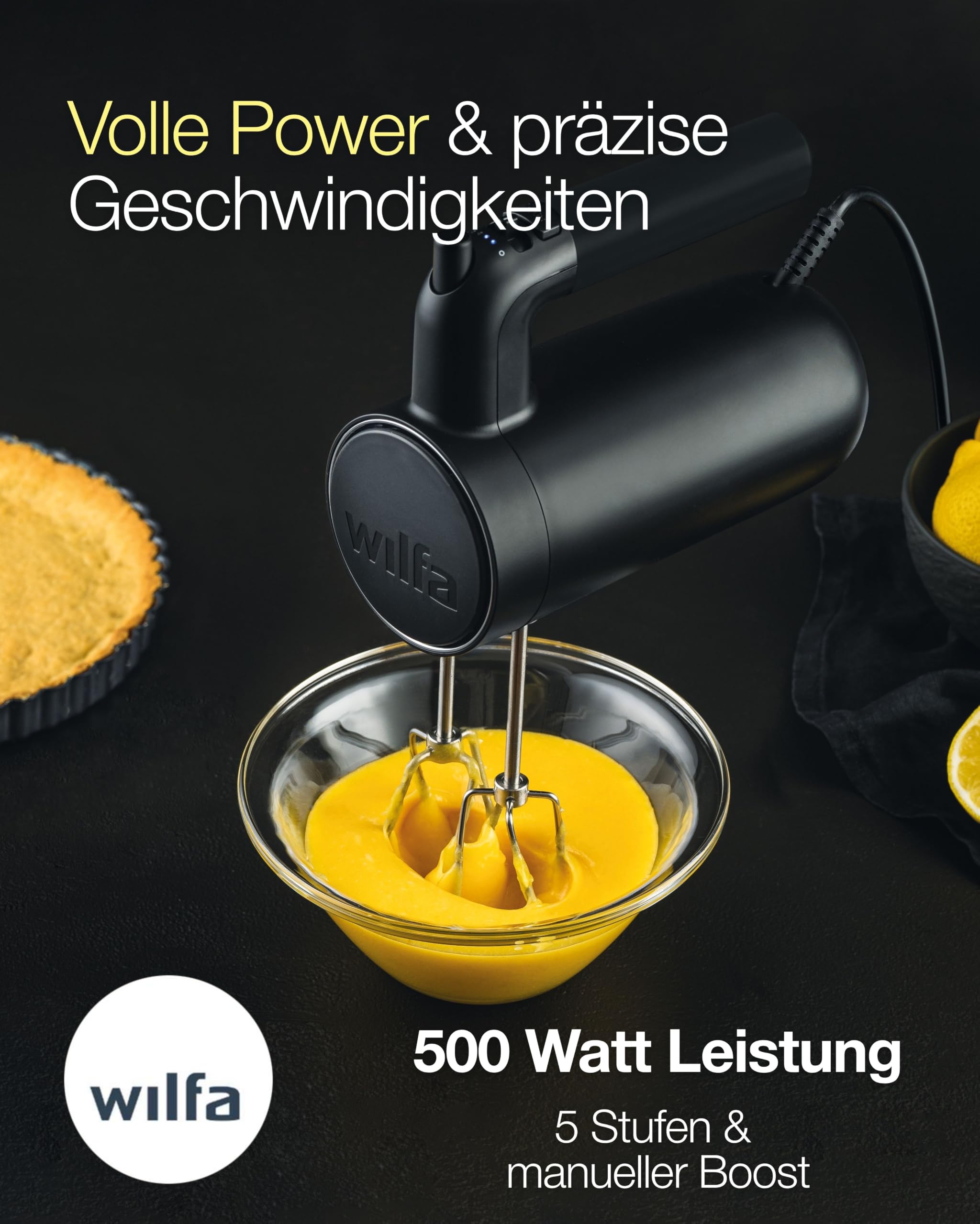 Wilfa Smooth Mix Handmixer 500 W I 5 Geschwindigkeiten & Boost-Funktion I Sanftanlauf gegen Spritzer I Inkl. Schneebesen & Knethaken I Für Sahne, Teige & Eischnee I Design Award Gewinner