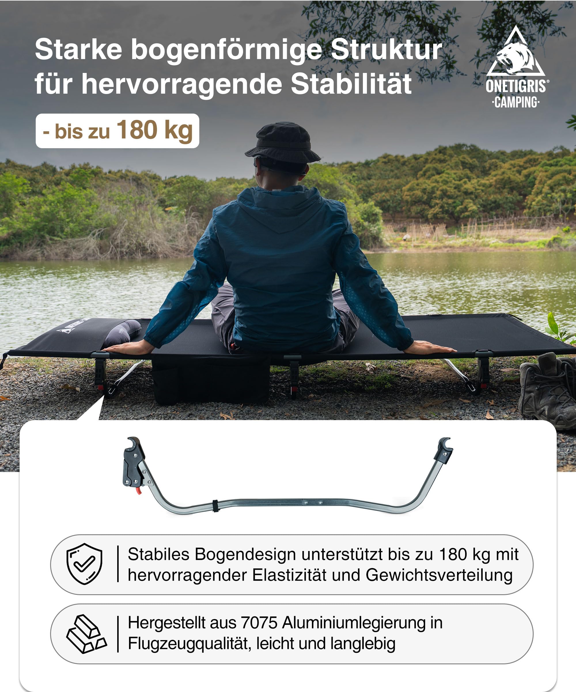 OneTigris SUPRAGRIS Feldbett klappbar, tragbar Campingbett faltbar leicht, Klappbett Camping bis 180 kg für Zelt, Outdoor, Reisen, Garten, Büro(190 × 70 × 18 cm)