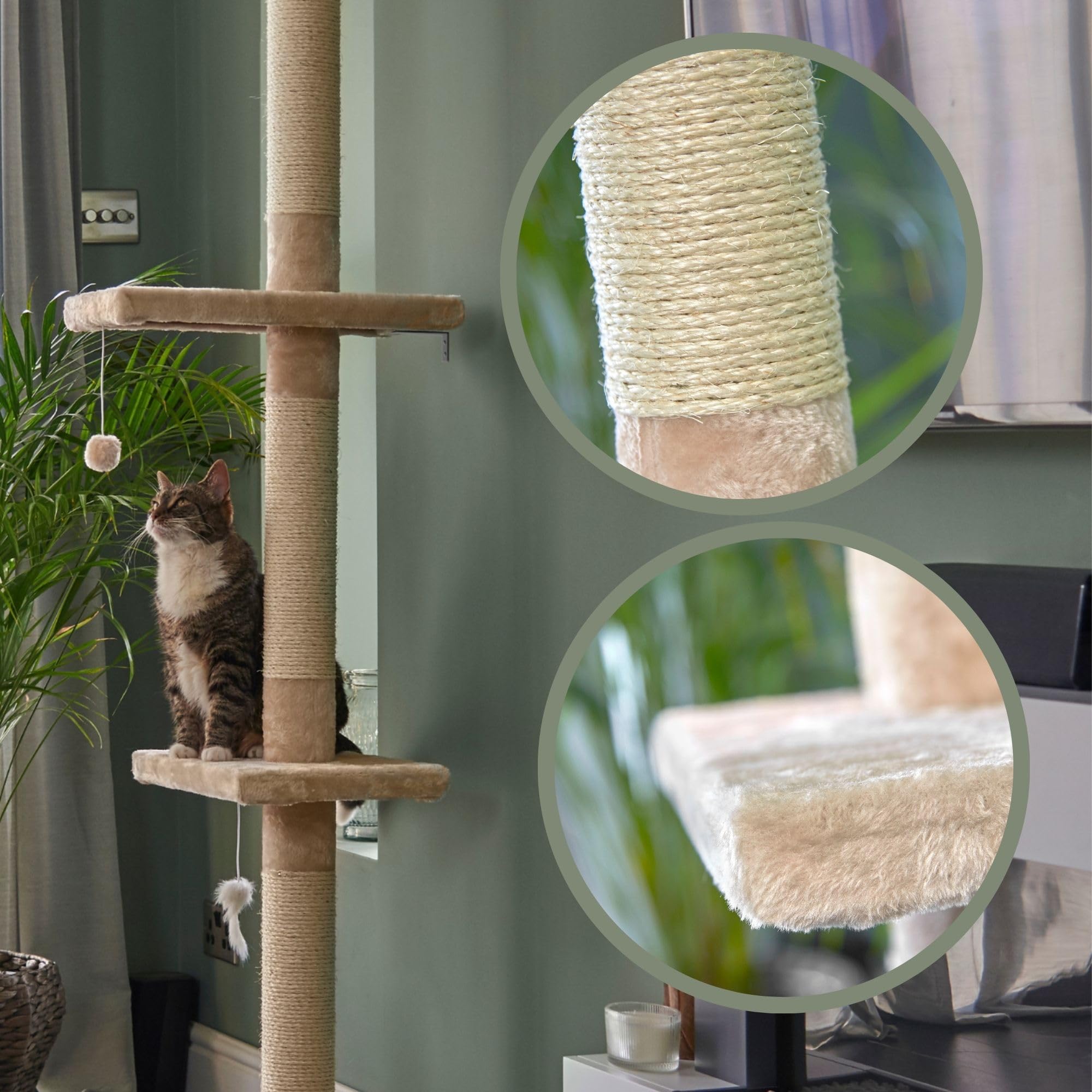 Runesol Albero per Gatti Soffitto Beige, 236-278 cm Alto Facile da Montare Trespolo per Gatti, Palo Albero per Gatti, Tiragraffi Albero con Piattaforme, Tiragraffi Alto Per Arrampicare, Giocare