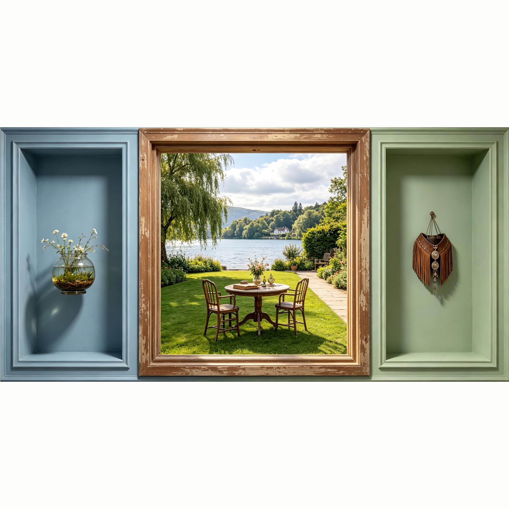 QZLITHOTIC 50x100cm 3D Framed Wall Art， Lake House Garden Landscape SelfAdhesive Mural， WaterActivated Peel & Stick Fabric Decor Wall Decal for Bedroom Living Room