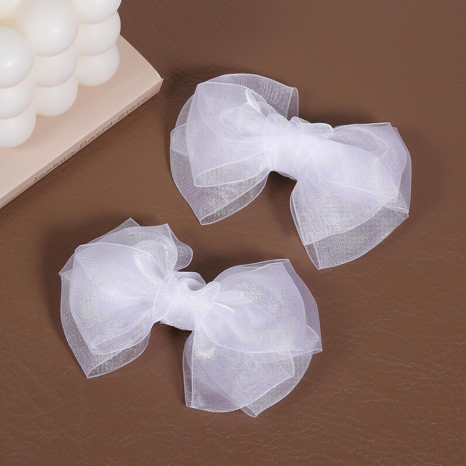 Mesh Hair Bows Clip White 4" Organza Double Tulle Bow Barrettes Alligator Pins for Teens Toddler Flower Girls Wedding Pageant Communion Birthday Party Dress Decorative Accessories image 2