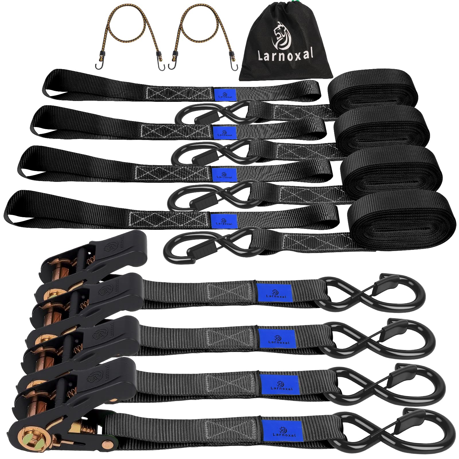 Einziehbare Ratschengurte, 4 Stück, 1 kg Bruchfestigkeit, 2,5 cm x 4,5 m, strapazierfähig, einziehbare Ratschen-Spanngurte mit S-Haken, Set für LKW, Transporter, Anhänger, Motorrad (schwarz)