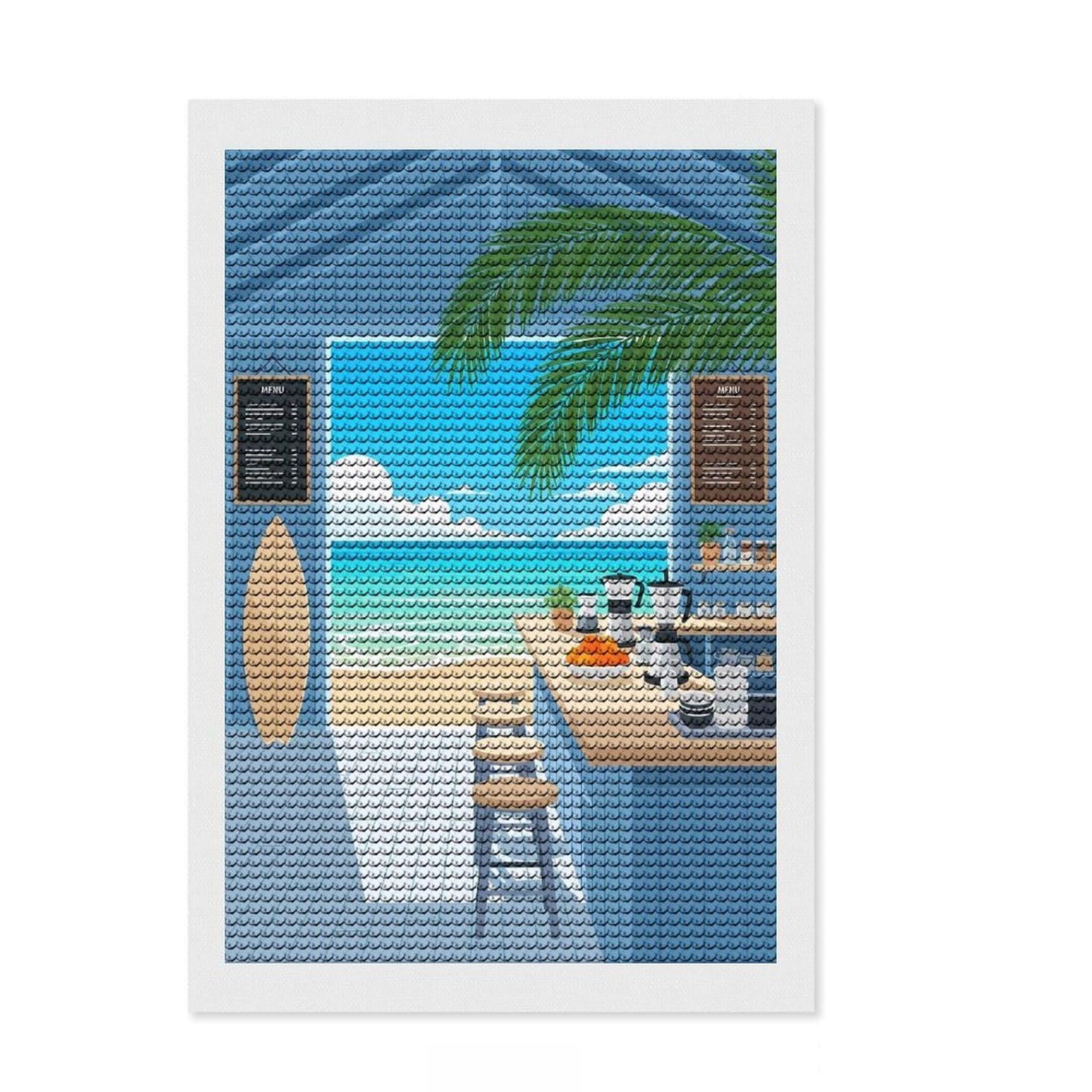 Junmoney Beachside Cafe Round Drill Diamond Painting 8"x12", for Family Craft Time, Printed Canvas, Bedroom Decor, Birthday Gift