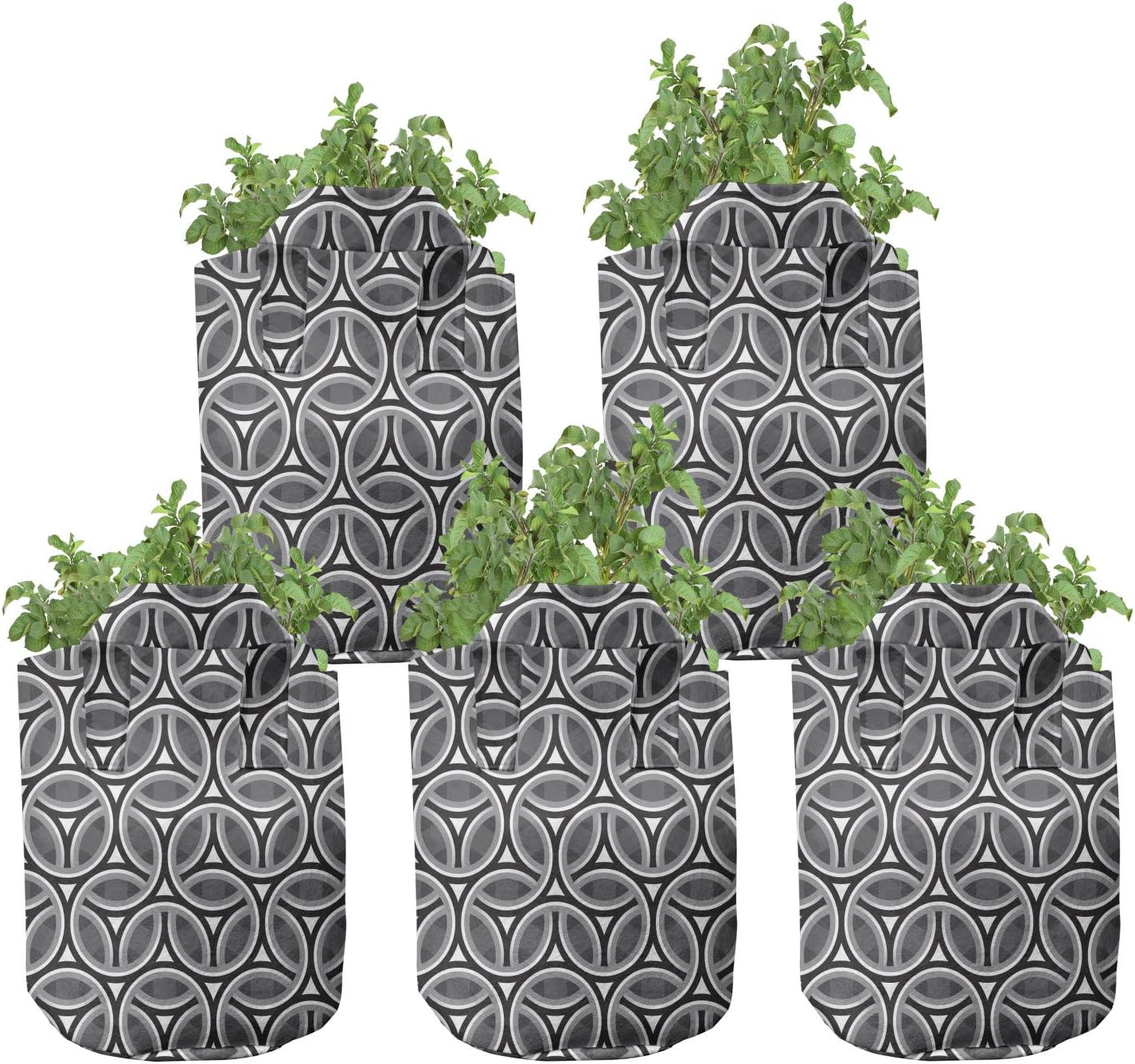 Lunarable Vintage Grow Bags 5-Pack, Tiled Art Deco Ornament, Heavyduty Fabric Pots with Handles for Plants, 7 Gallon, Grey Black White