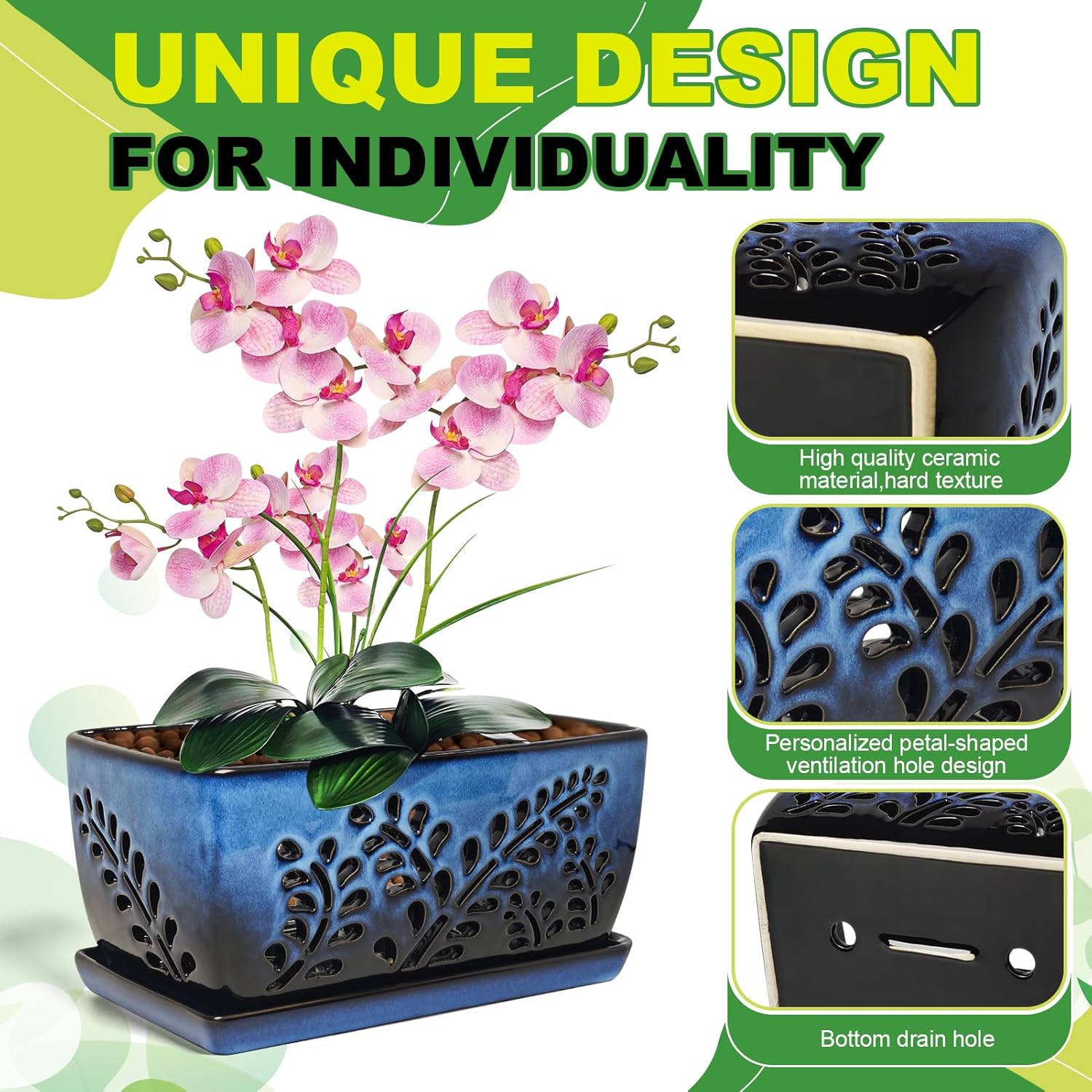 Ceramic Orchid Pot, 10 Inch Orchid Pots with Holes, Premium Thickened Handmade Glazed Pot for Orchidaceae Plants, Indoor Outdoor Decorative Flower Pots for Easy Repotting（Gradient Blue）