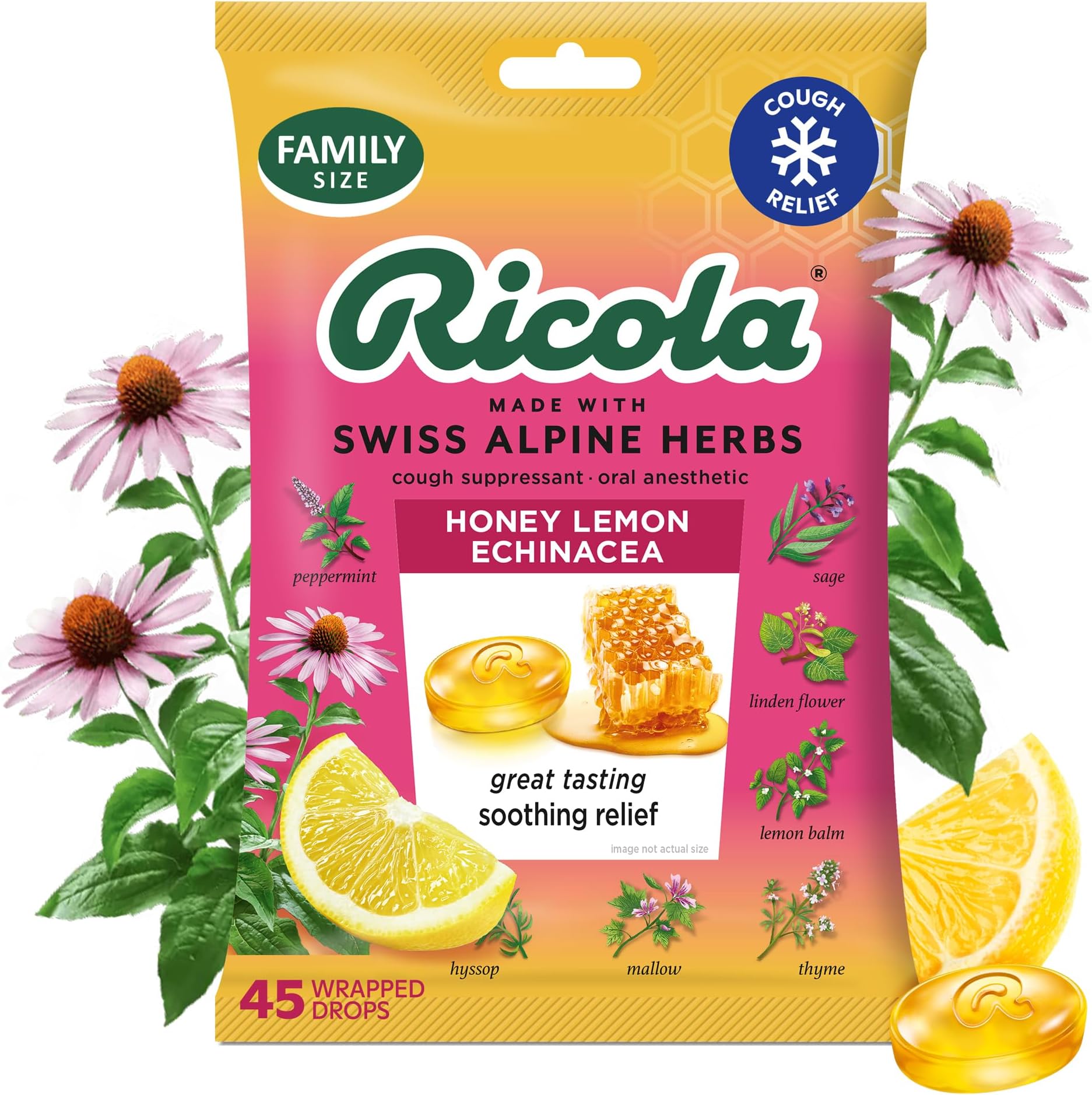 Ricola, Throat Drops Echinacea Honey Lemon, 45 Count