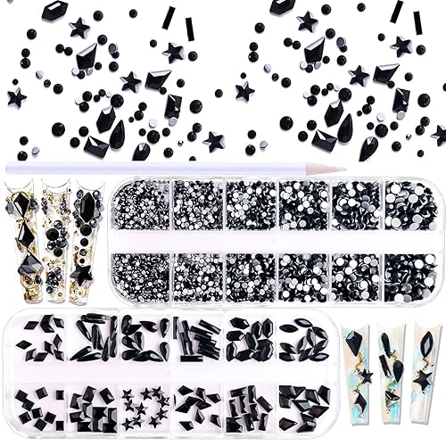 Miniatura 8 de JERCLITY 1620 diamantes de imitación para uñas minados con parte trasera plana, oro y negro, cuentas redondas, piedras de cristal, piedras preciosas