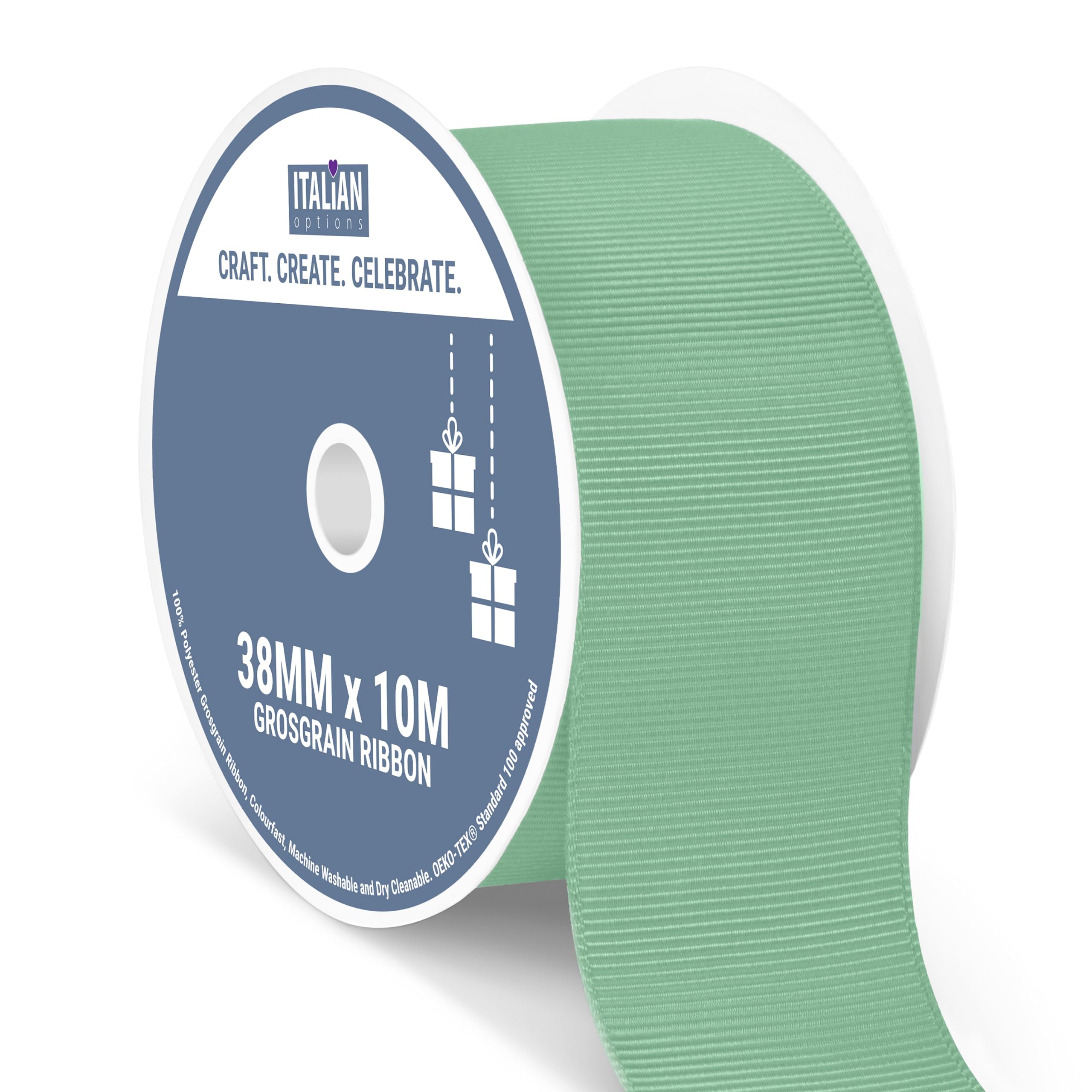 Italian Options Grosgrain Ribbon 38mm, Strong Plain Sage Green Ribbon for Bows, Wedding, Crafting, Sewing, Hair Accessories, Gift Wrap, 38 mm x 10 Metre Roll, Sage Green โ image 1