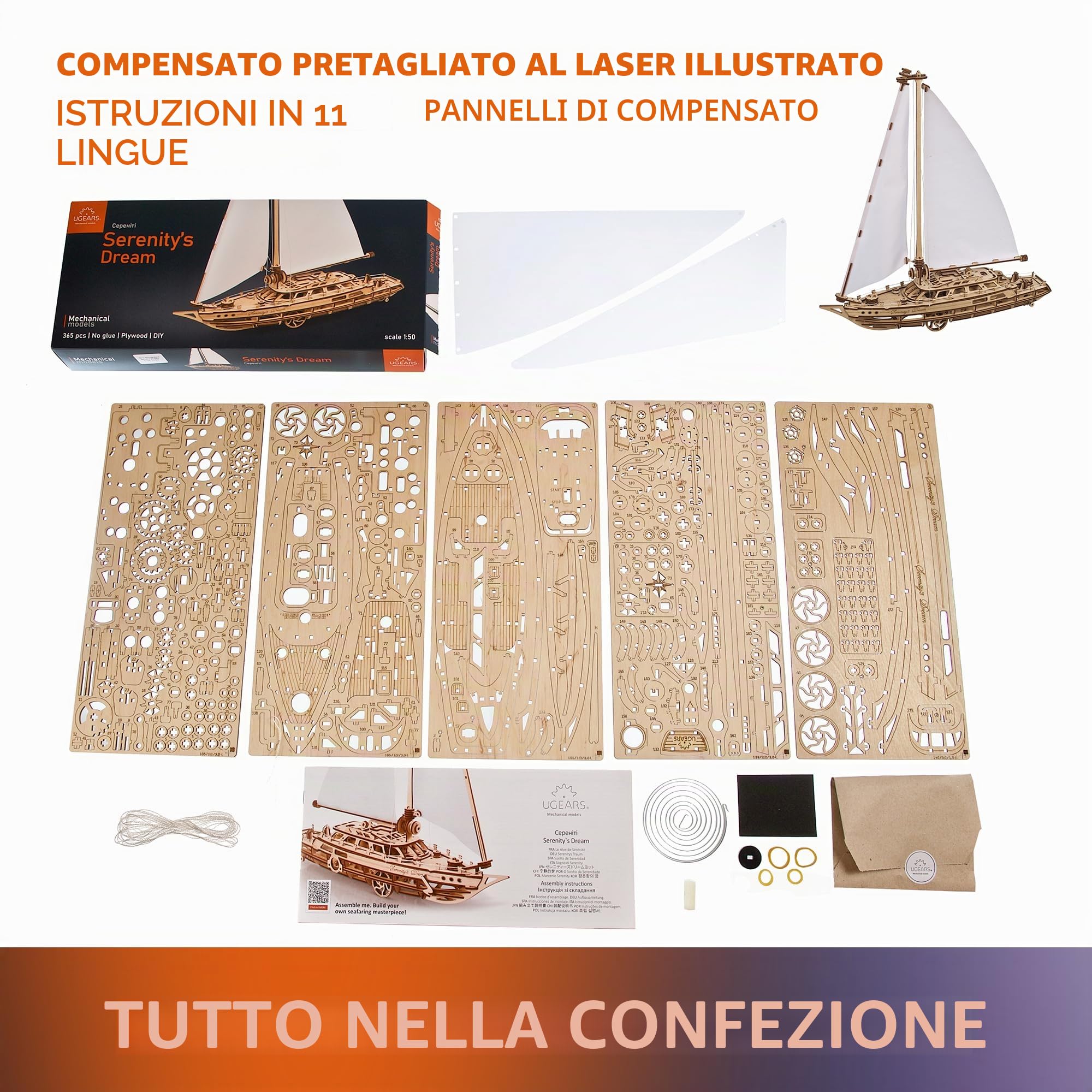 UGEARS Serenity's Dream - Puzzle 3D in legno per adulti in movimento meccanico a vela per adulti, modellismo yacht, kit fai da te per Natale