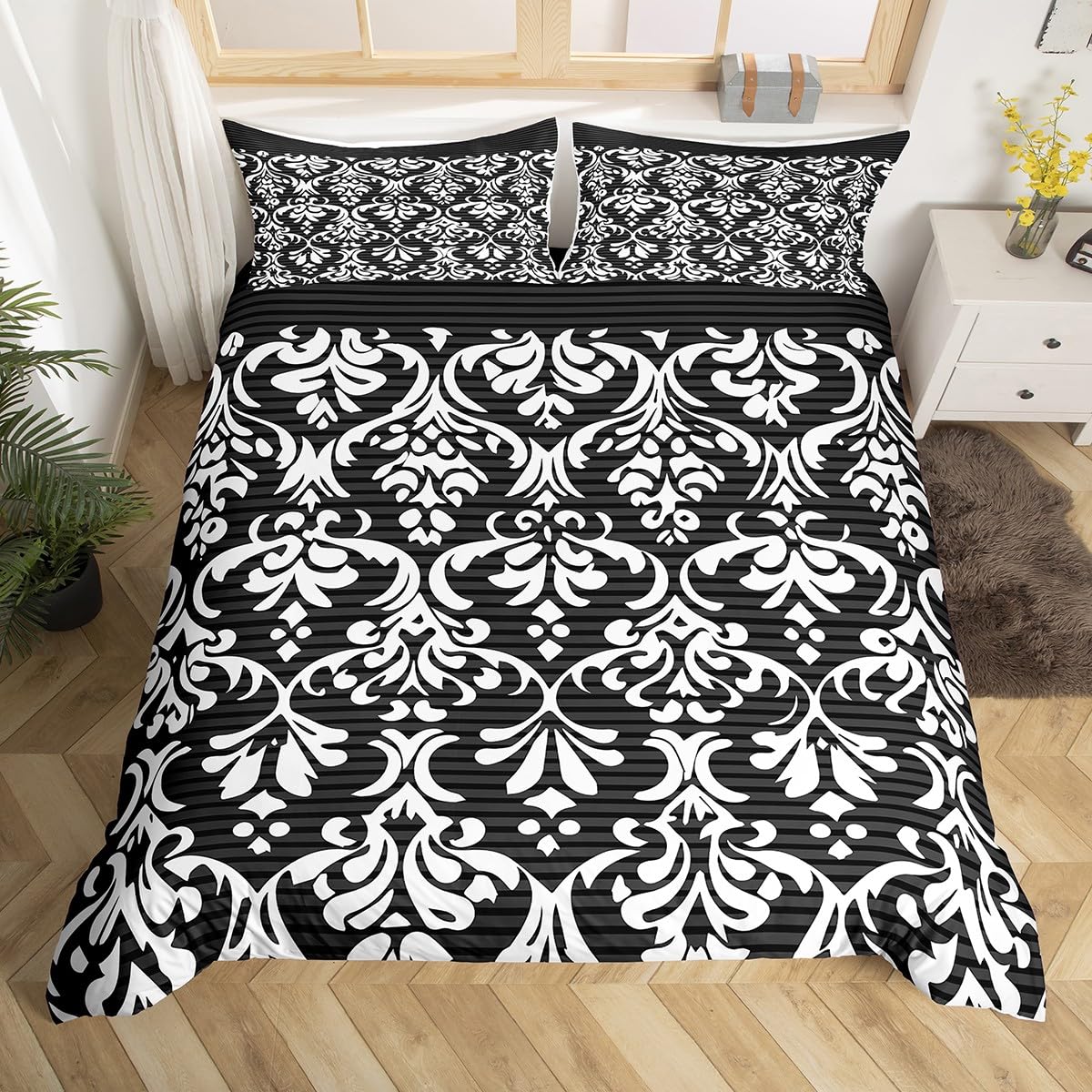 Loussiesd Black Gothic Duvet Cover King Size Vintage Jacquard Comforter Cover for Boys Girls Black White Bedding Set 3Pcs Exotic Floral Room Decor Breathable Soft Lightweight Microfiber