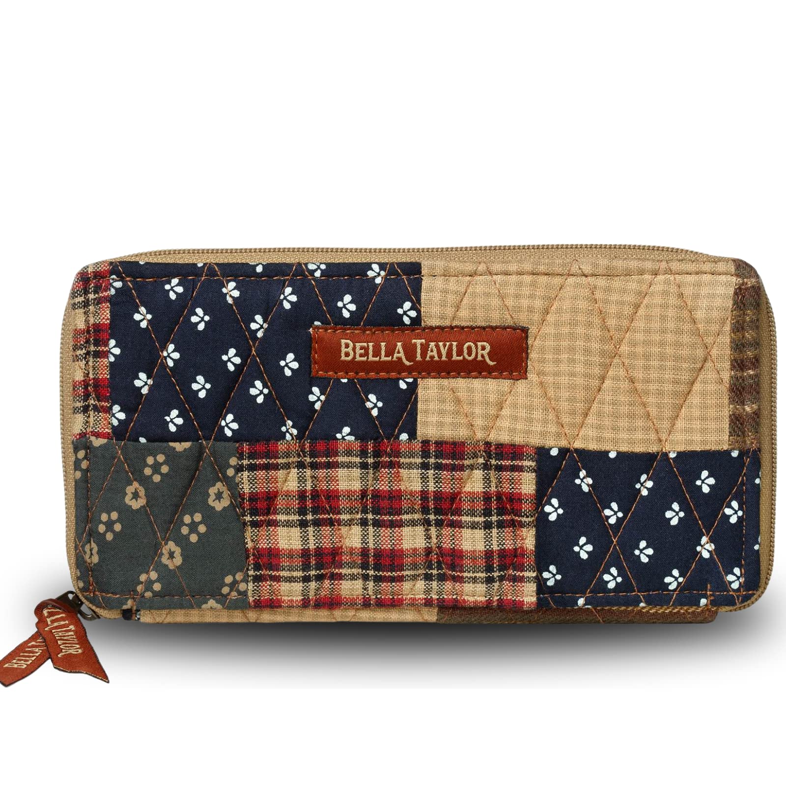 Bella Taylor Slim Card Wallet for Women | Quilted Cotton Fabric Zip Around Credit Card Wallet with RFID Protection | Primitive Patch