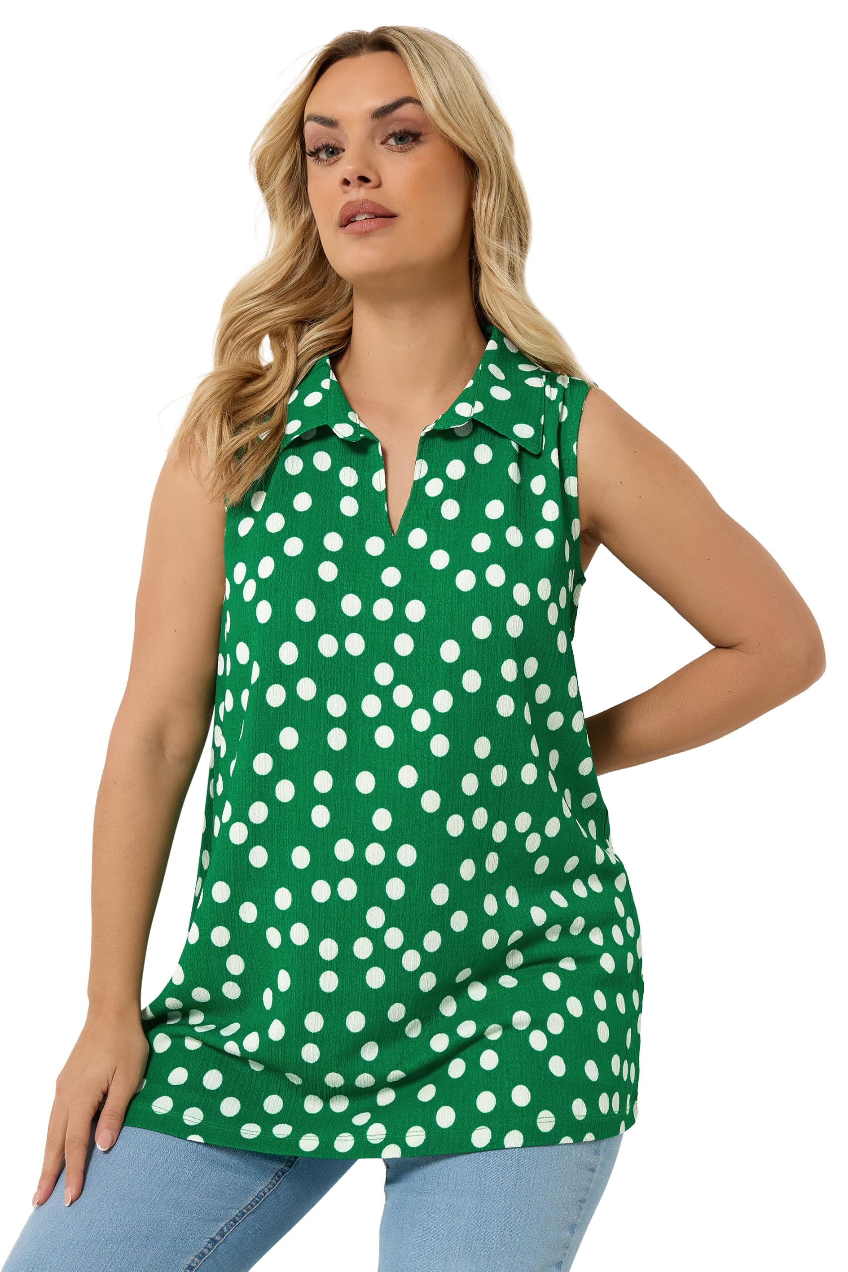 Yours Women's Polka Dot Collared Vest Top in Bright Green | Size: 26-28