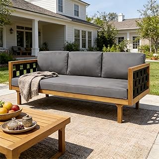 Christopher Knight Home Rosie Acacia Wood Outdoor Daybed Sofa with Water-Resistant Cushion, Solid Wood Patio 3 Seater Sofa Couch, Patio Garden Lounge Sofa with Woven Rope Accent, Black+Teak+Dark Gray