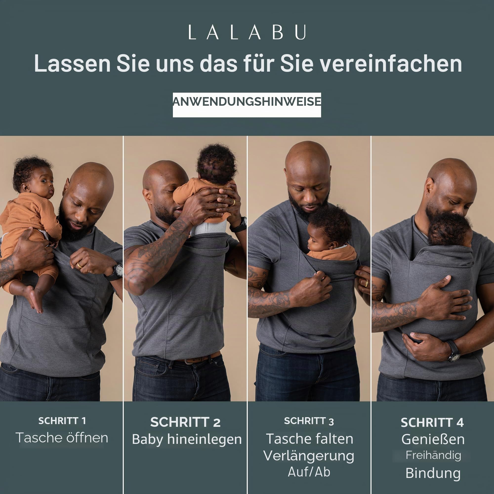 The Lalabu Dad Shirt | Freisprech-Babytrage für Väter mit Kängurutasche | Entwickelt für Bindung, Sicherheit und Komfort für Neugeborene bis zu 6,8 kg | CPSC-geprüft, kurzärmelig, Brook, XXL