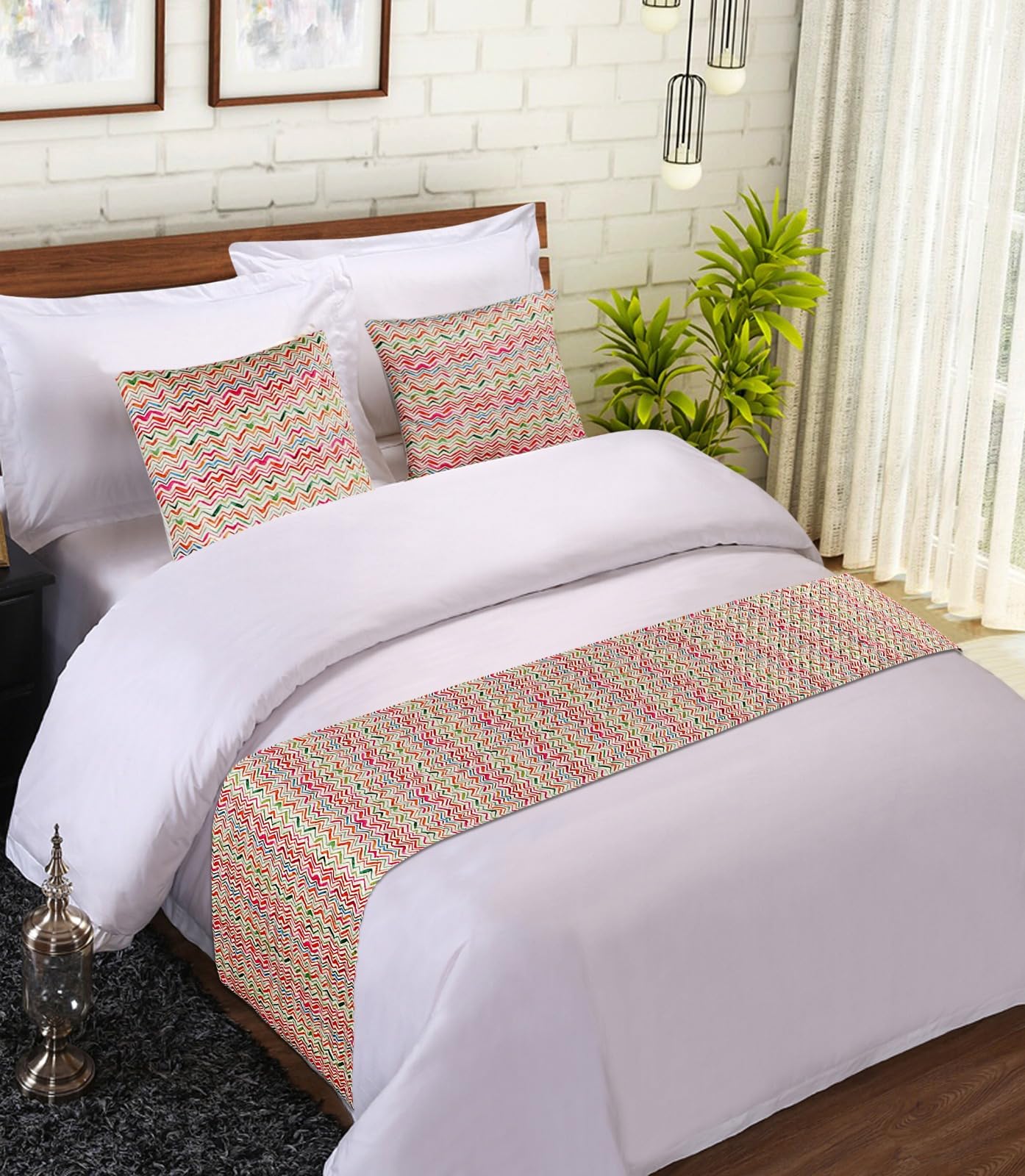King Size Bed Runner with Cushion Cover Set, 3 Pieces, for Hotels and Homes, Runner 18x90 inches, Cushion 16x16 inches (Print: 09)-picture-24