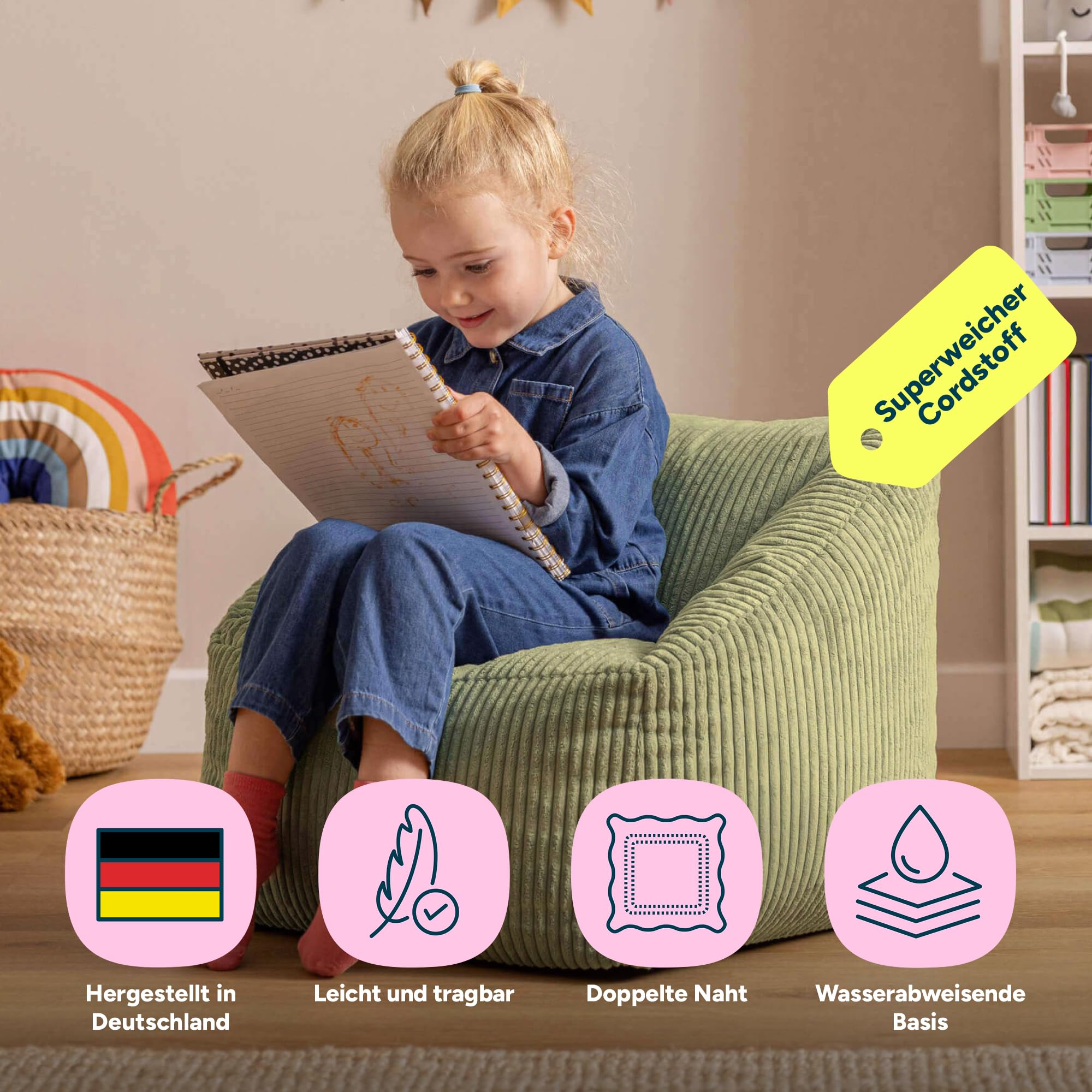 Icon Natalia Sitzsack Kinder, Salbeigrün, Flauschiger Cord Stoff, Sitzsack Cord mit Füllung, Bequemer Kinder Sessel, Kuschelsessel, Lese Sessel, Schlafzimmer, Kinderzimmer, Spielzimmer