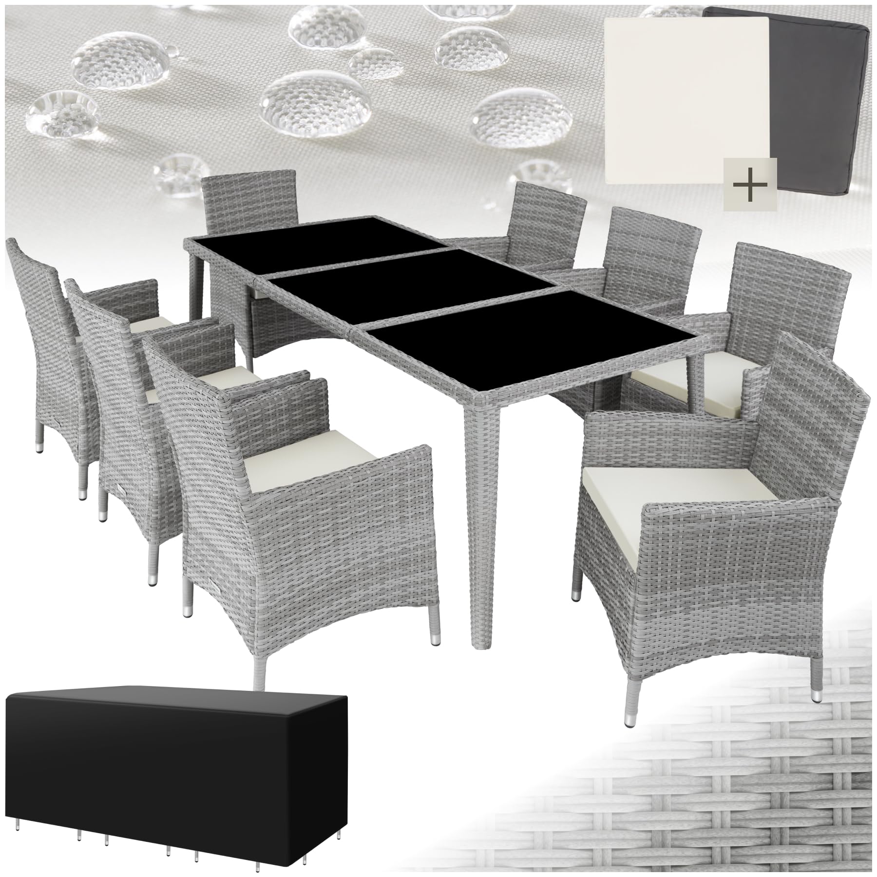 Salon De Jardin 8 Places En Poly Rotin - Table Et Fauteuils Avec Coussins - Housse De Protection Incluse