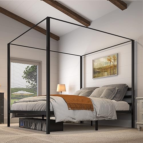 YITAHOME Marco de cama de metal con dosel de cuatro pósteres, plataforma de cama de 14 pulgadas con cabecera incorporada, soporte de colchón de
