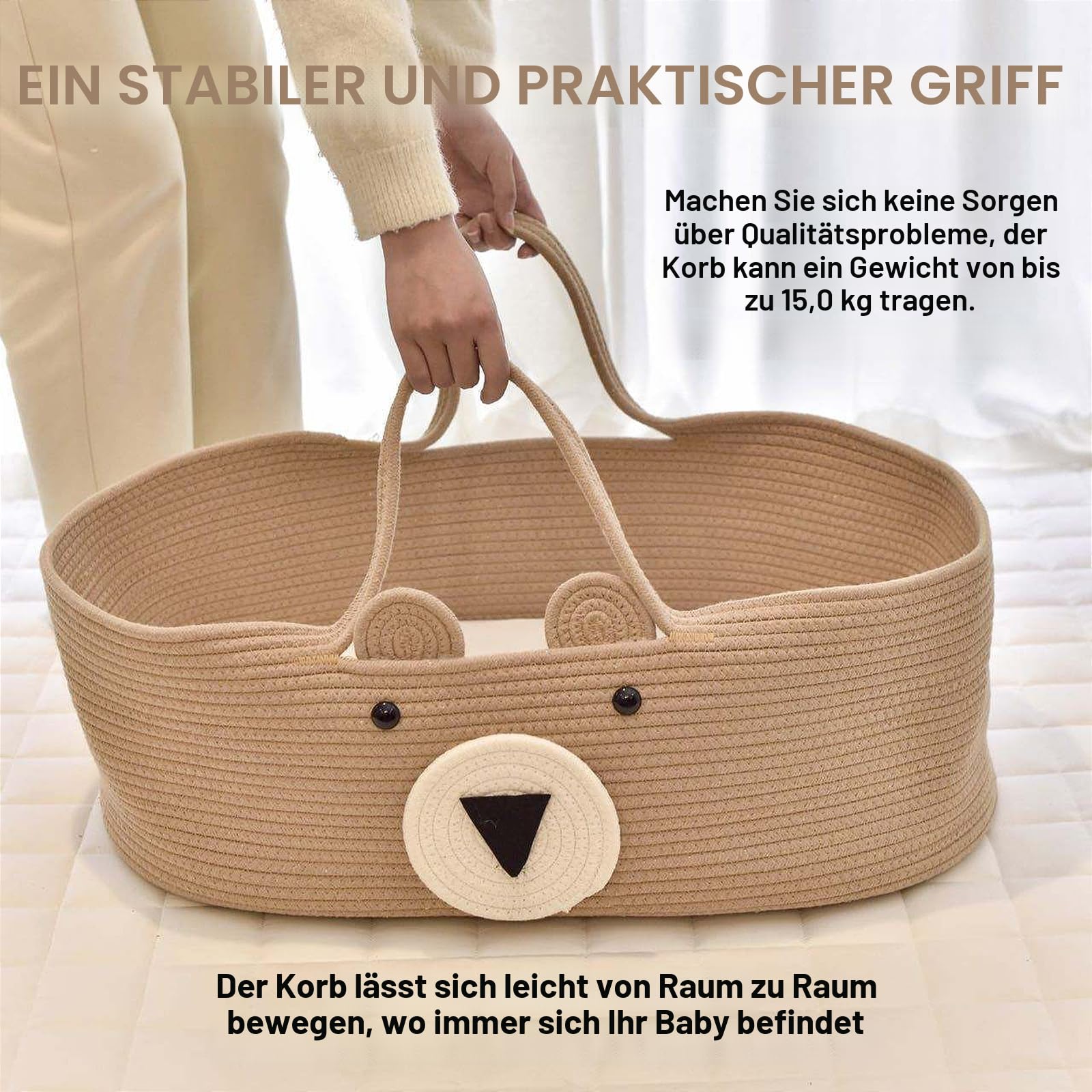 Baby Moses Basket Portable Baby Bed Handheld Moses Basket Cotton Rope Infant Bed Carrycot Baby Bedding Baby Sleeping Bag for Outdoor Travel Car