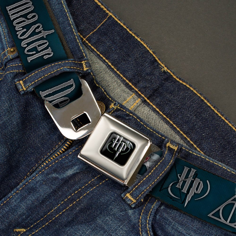 Buckle-Down Seatbelt Belt - HP/Deathly Hallows Symbol TOGETHER...THEY MAKE ONE MASTER OF DEATH. Blue Fade/Gray - 1.0