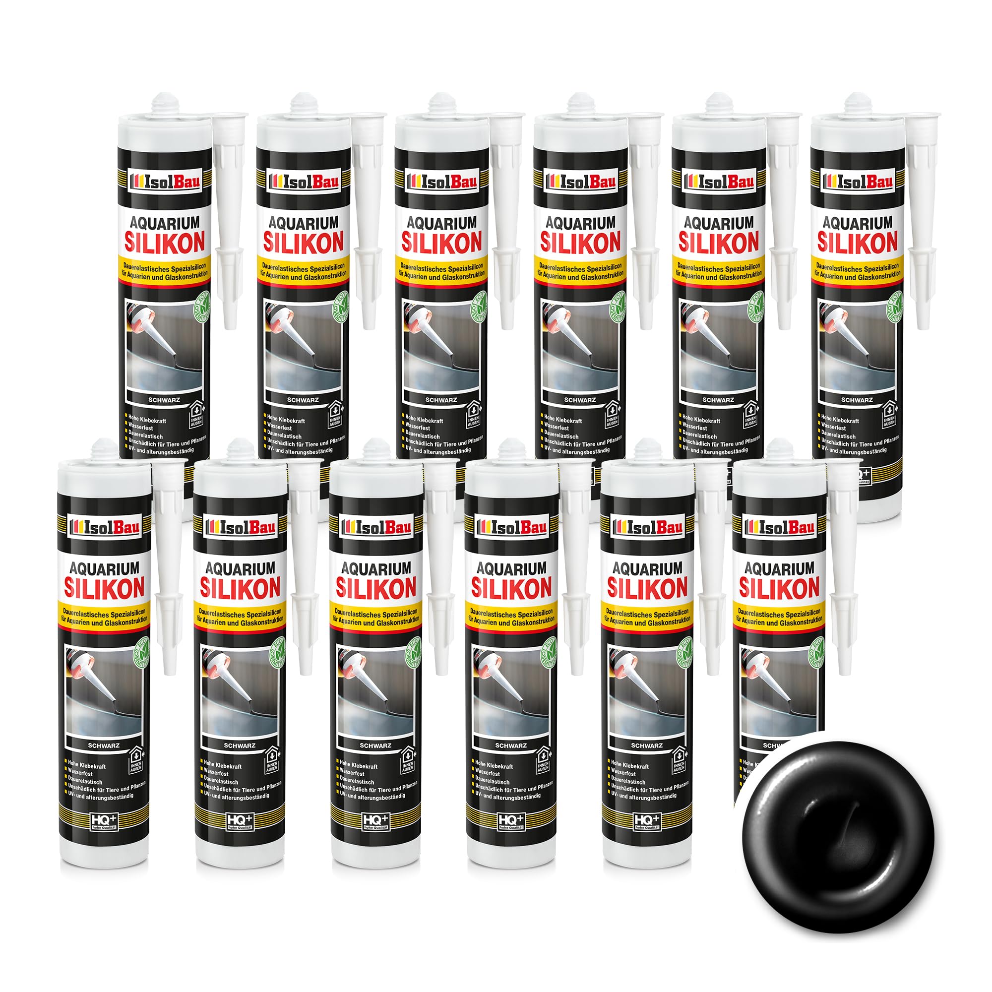 Isolbau Silicone pour aquarium 12 x 300 ml - Silicone spécial à élasticité durable pour aquariums et constructions en verre - Pour intérieur et extérieur – Noir, cartouche