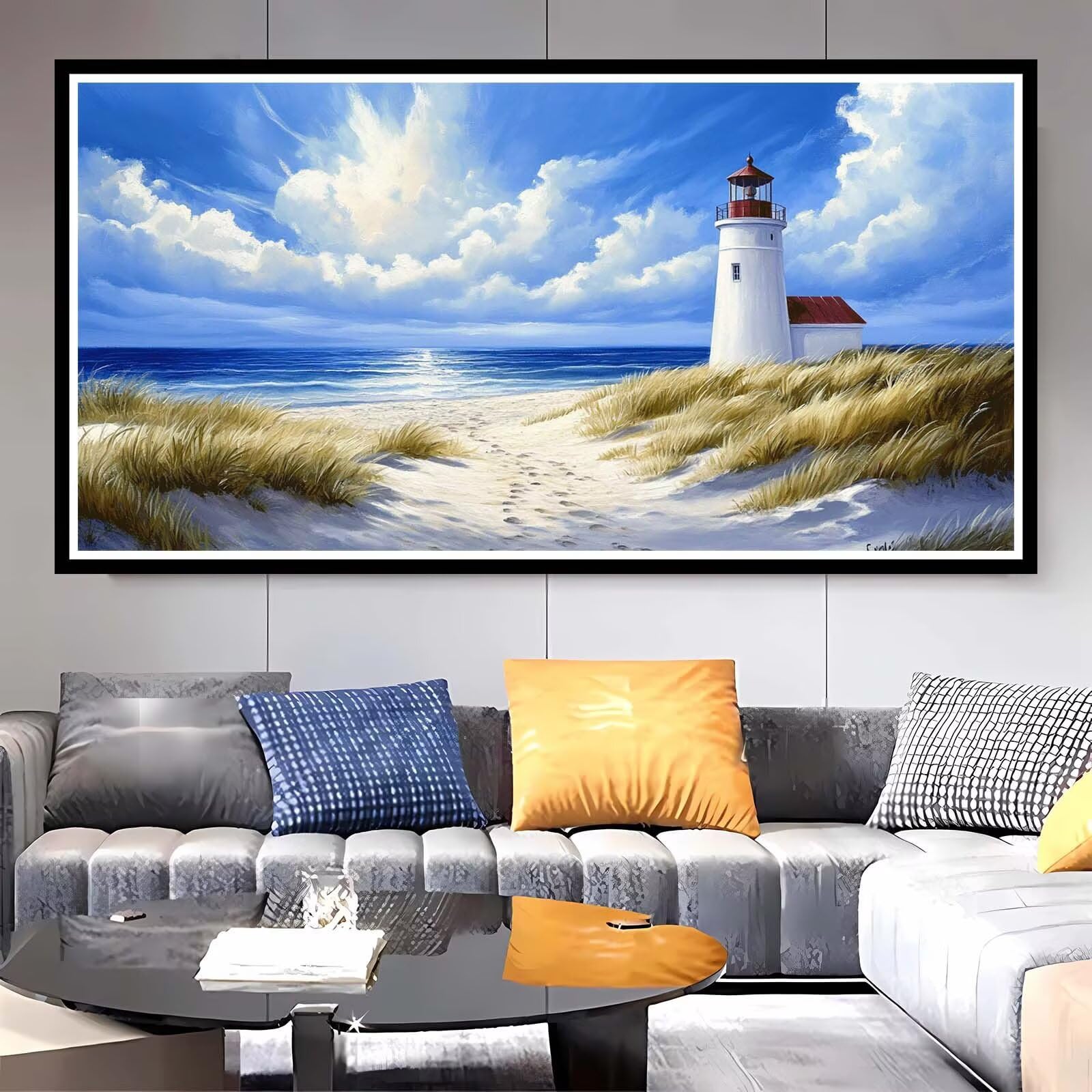 Peinture Numero Enfant Plage Peinture par Numero Adulte Phare Paint by Numbers Kits Facile Toile Huile Painting à la Main avec Pinceaux Artisanat pour la Maison Décoration 70x140cm Sans Cadre-KL819