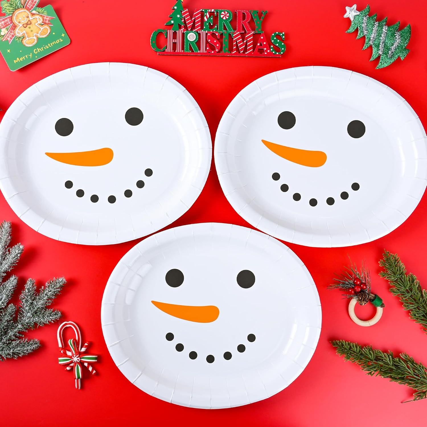 50 Pcs Christmas Snowman Oval Paper Plates Winter Holiday Disposable Party Plates Xmas Holiday Festive 10" X 12" Large Serving Dish Platters for Party Supplies Table Decor - Image 5