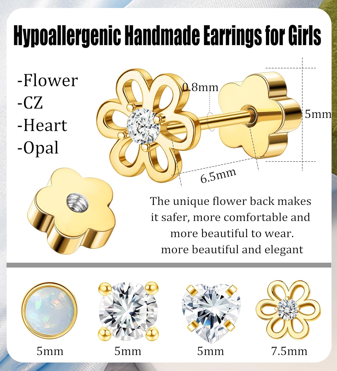 4Pairs Hypoallergenic Screw Back Earrings for Women 14k Gold Surgical Steel Flat Back Earrings Opal CZ Flower Heart Cartilage Earring for Sensitive Skin 20G Handmade Nap Flatback Earrings Studs - Image 3