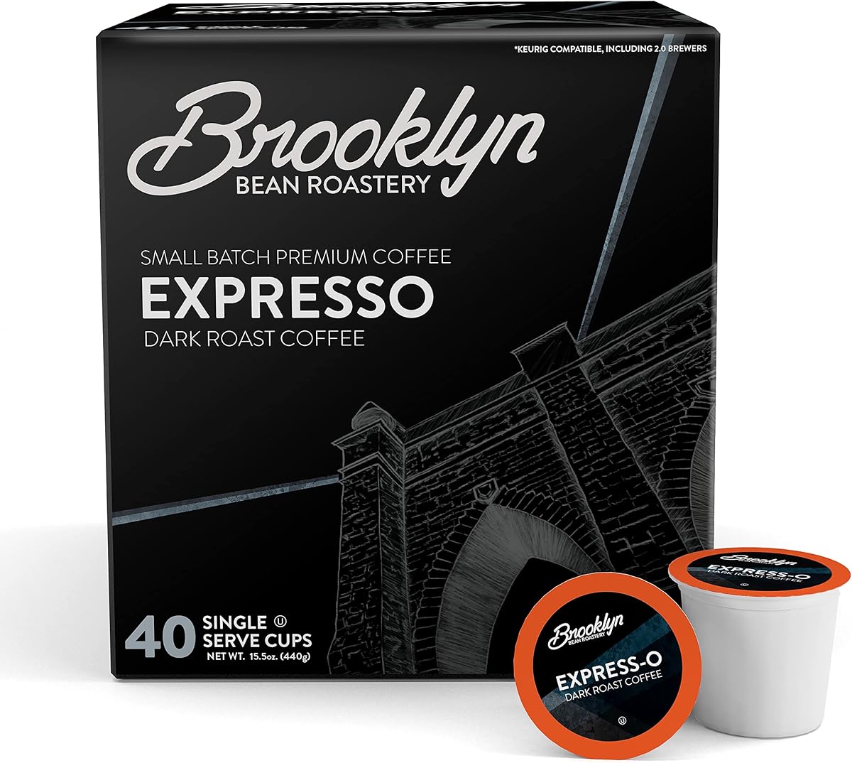 Cápsulas de café gourmet Brooklyn Beans Express-O, compatibles con cafeteras Keurig de 2,0 K, 40 unidades, espresso rico y atrevido