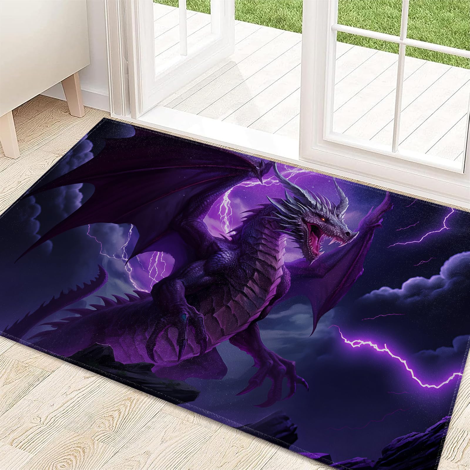 ainori Purple Lightning Dragon Indoor Door Mat 29.5x17in,Non Slip Backing Fantasy Animal Floor Mat,Non Woven Entryway Rug,Welcome Mats Decor,for