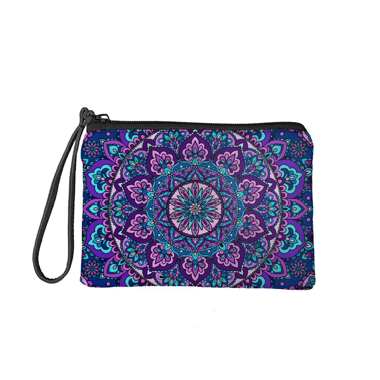 chaqlinWomens Coin Purse Mini Flannel Wallet Mandala Lotus Print Small Makeup Bag Credit Card Holder Mandala Gifts (Purple)
