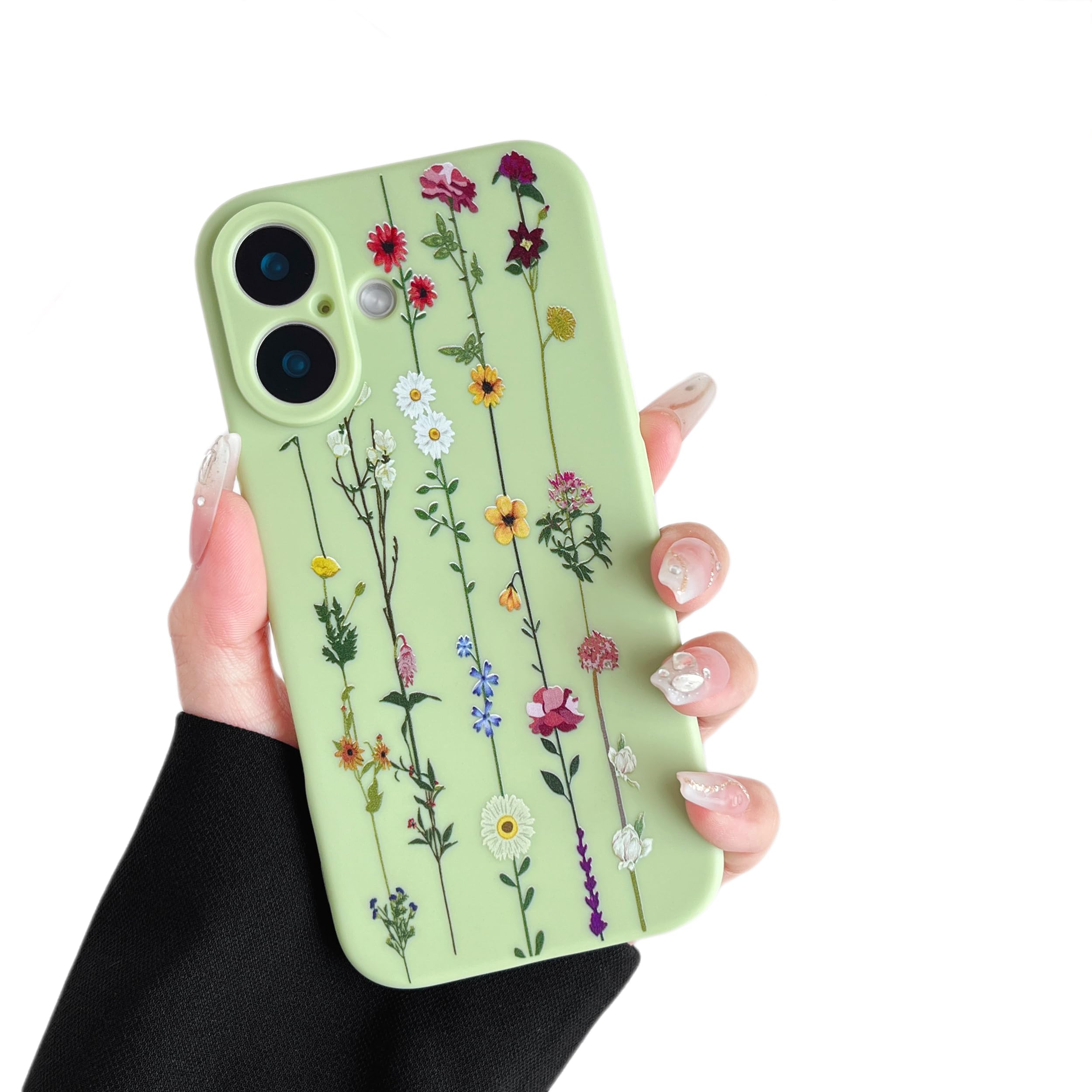 Coque iPhone 16 anti-rayures et antichoc, silicone souple vert à fleurs - 8