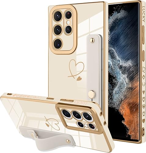 ZIYE Funda galvanizada de lujo para Galaxy S22 Ultra 5G con correa chapado en corazón dorado, para mujeres y niñas, antiarañazos, a prueba de