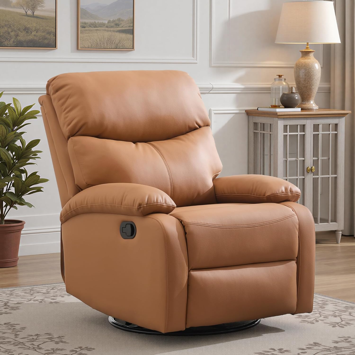 Genuine Leather Swivel Recliner, Rocking Reclining Chair for Heavy Duty Adults 350LBS, Manual Swivel Rocker Recliner Chair for Living Room, Bedroom, RV, Nursery, Khaki Brown