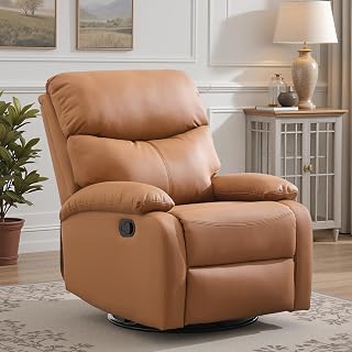 Genuine Leather Swivel Recliner, Rocking Reclining Chair for Heavy Duty Adults 350LBS, Manual Swivel Rocker Recliner Chair for Living Room, Bedroom, RV, Nursery, Khaki Brown