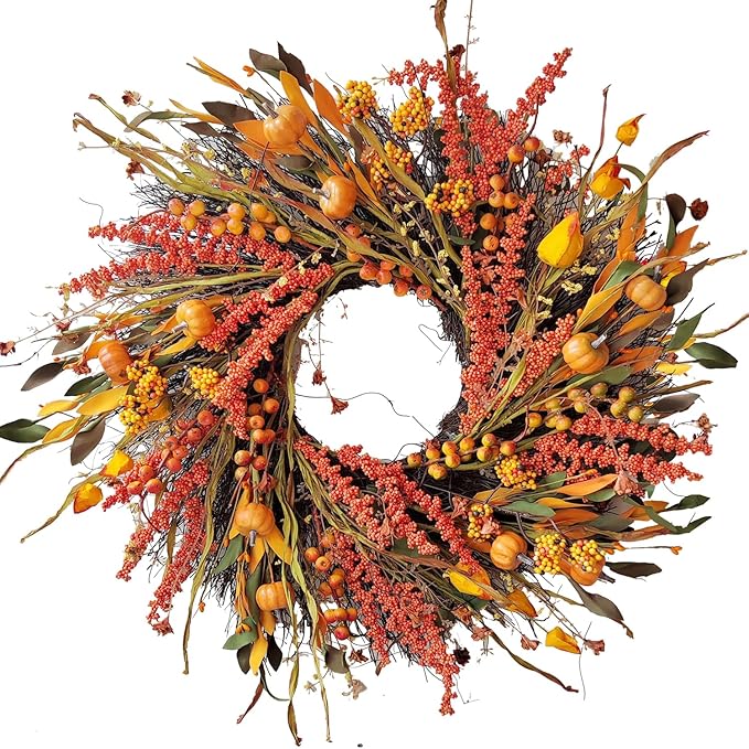 24 inch Fall Wreath Decor for Front Door with Pumpkins, Hawthorn,Grain,Lantern Fruit,Berries,Eucalyptus Leaves, Large Harvest Door Wreath for Autumn or Thanksgiving Decoration