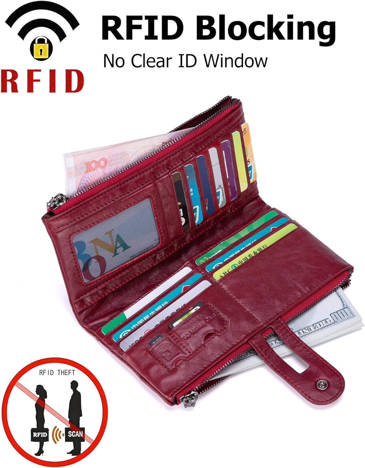 myfriday Women's RFID Blocking Genuine Leather Wallet, Bifold Long Clutch Wallet Money Clips Ladies Card Holder Purse - Image 4