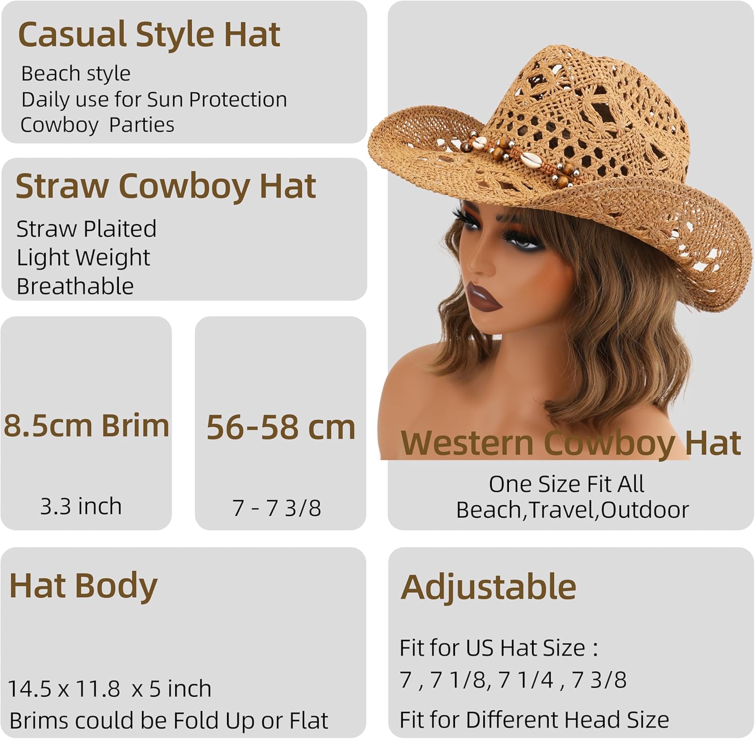 Straw Cowboy Hat, Western Cowgirl Hat, Wide Brim Sun Beach Hat for Men and Women - Image 5