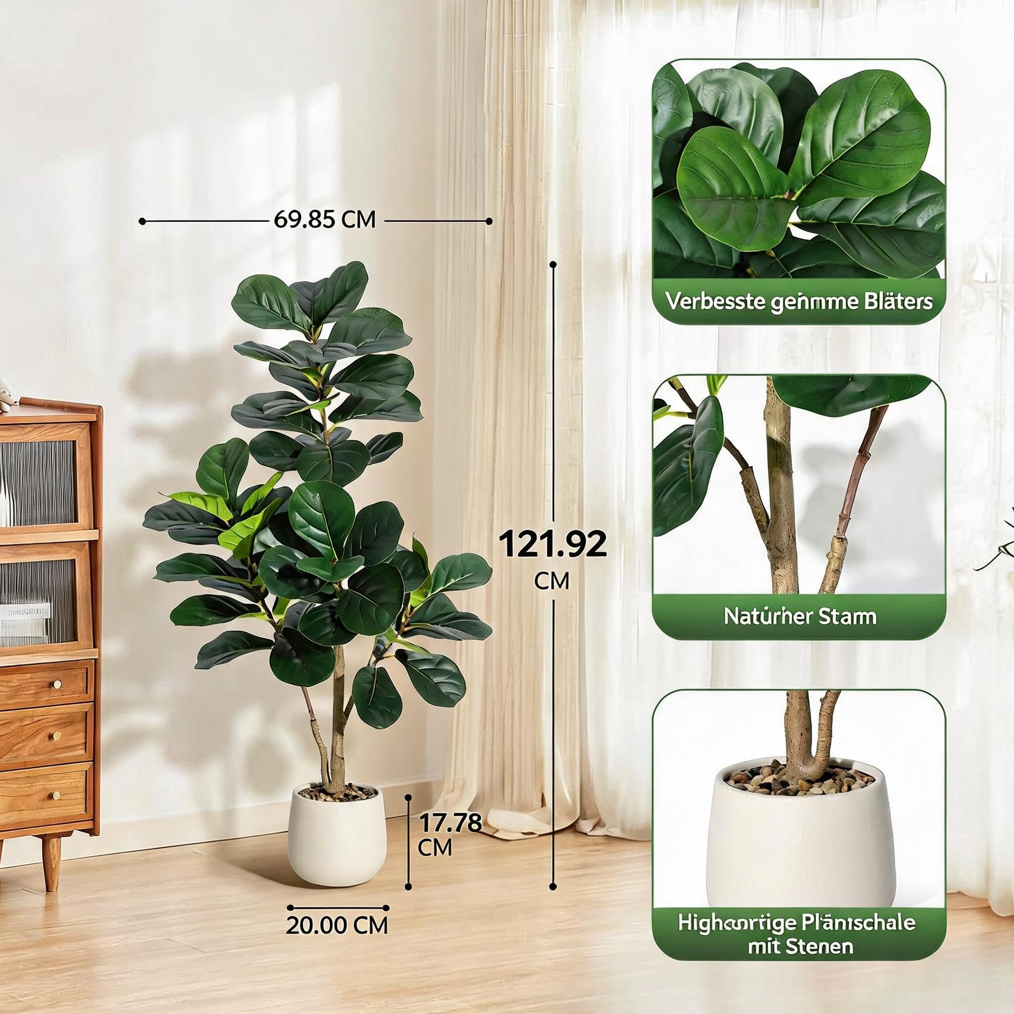Kunstpflanzen Groß Artificial Violin Fig Tree 210 cm | Künstliche Pflanzen,Weißen Blumentöpfen Mit Kies Pflanzen,Kunstpflanze Outdoor Wetterfest, Wohnzimmer, Schlafzimmer
