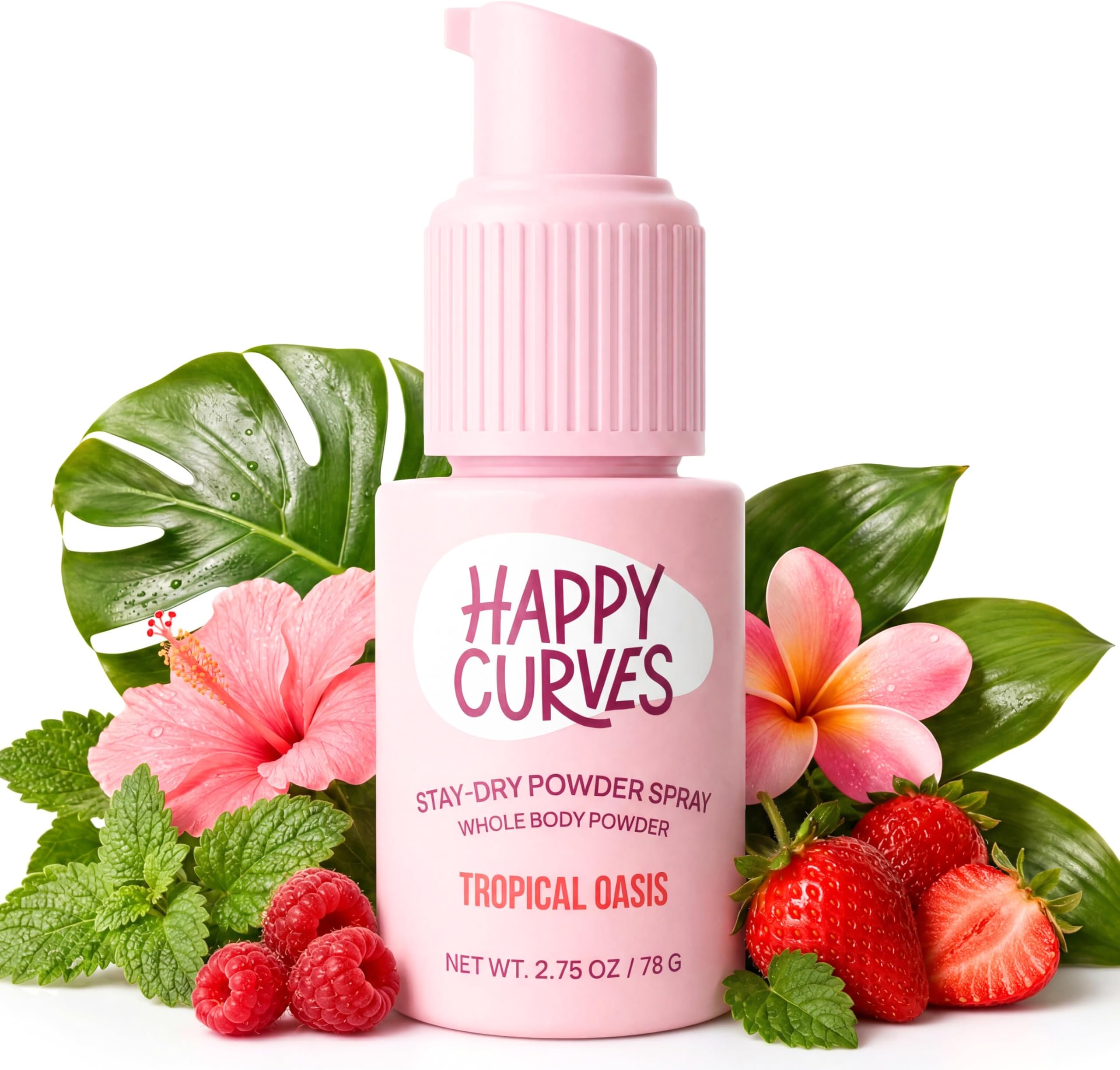 HAPPY CURVES Stay Dry Powder Spray - Talc Free Anti Chafe Body & Foot Dusting Powder Deodorant to Control Inner Thigh Chafing, and Private Areas 2.75 oz, Tropical Oasis