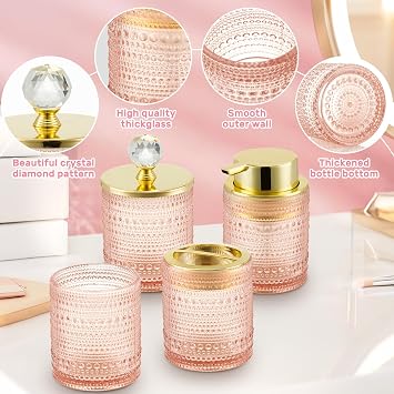 Bathroom Accessory Set, 4 Pcs Pink Glass Bathroom Accessories