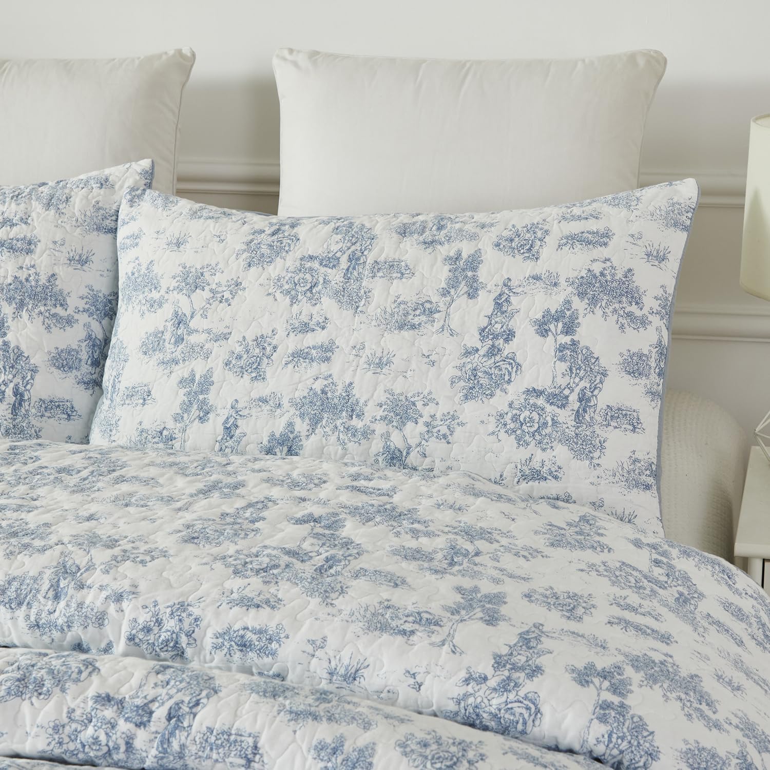 Brandream Quilted Pillow Shams Set of 2 Standard Size Cotton Pillow Cases Toile Bedding Blue and White Decorative Pillow Covers - Image 2